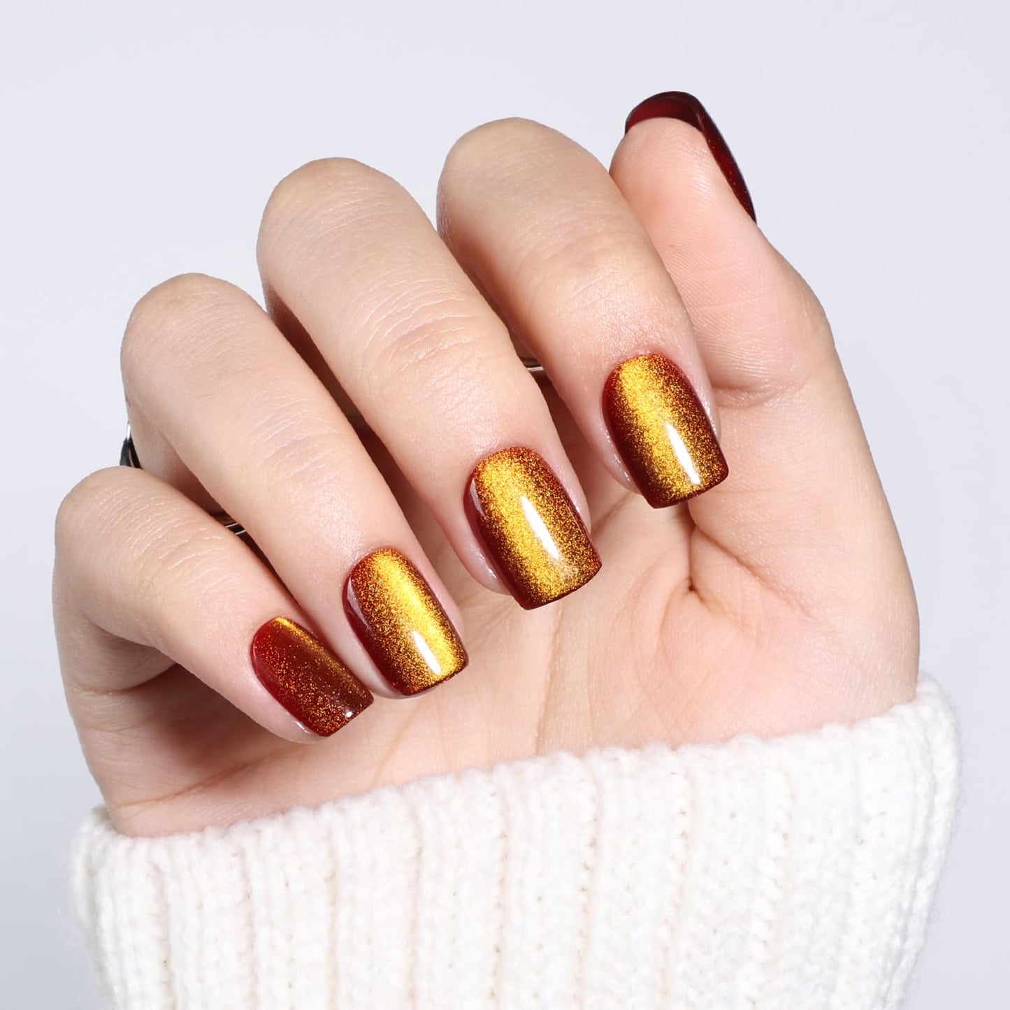 Leefrei Brown Cat Eye Press On Nails - Short Square Press on Nails Press Ons for Women, Reusable Glossy Fake Nails Kit with Glue DIY Nails Short in 15 Sizes - 30pcs, Amber Mocha