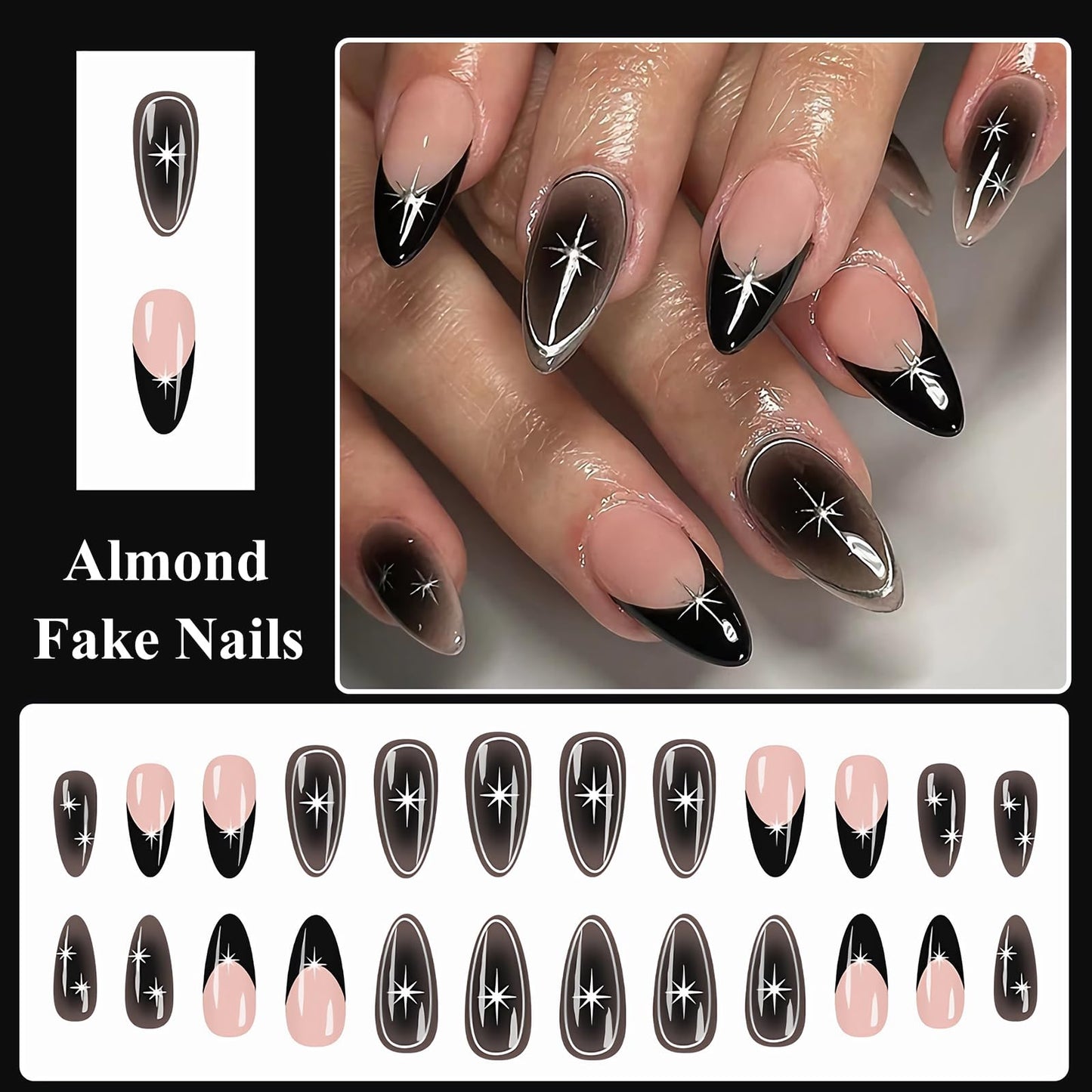 MISUD Press on Nails - Medium Almond Fake Nails with Goth Black, Acrylic Silver Chrome Star Design 24 pcs