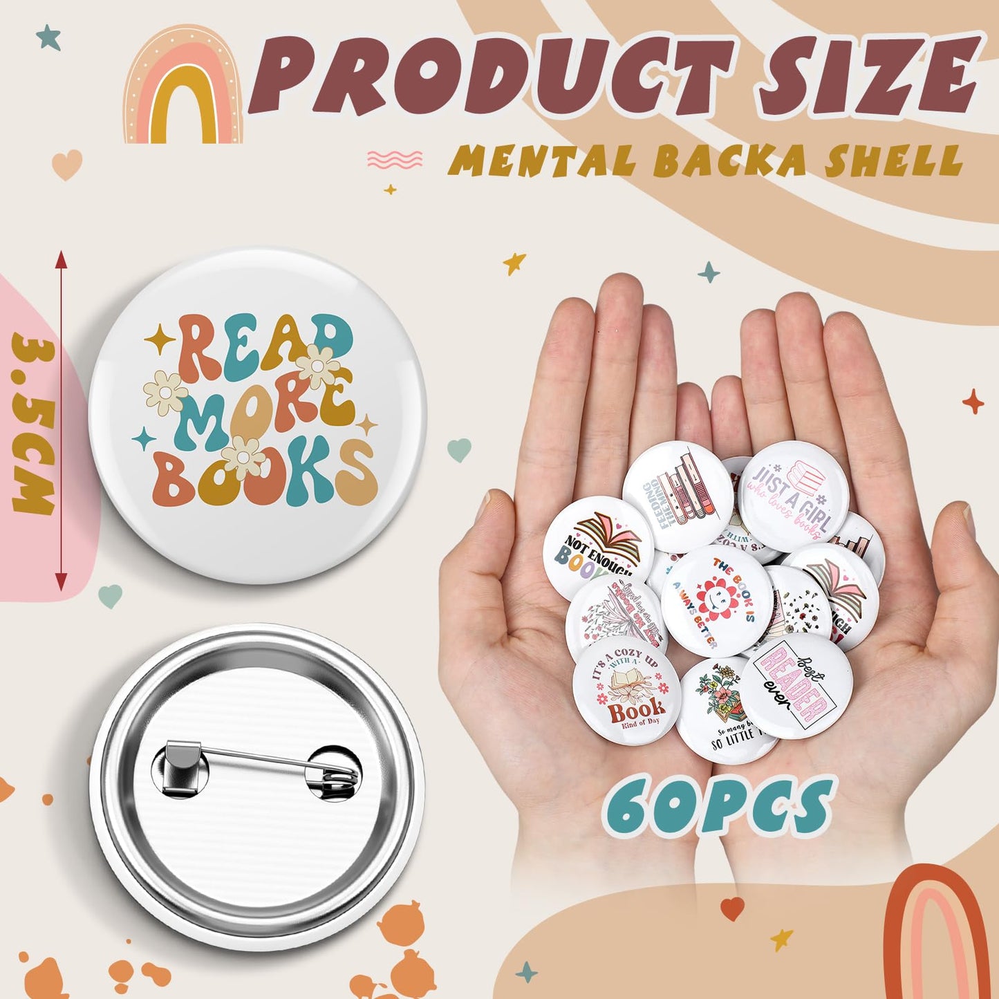 Suncalla 60 Pcs Bookish Pins Book Lover Skull Spooky/Flower/Boho Graduation Gift Buttons Pins for Backpacks with Secure Back for Bookworms, Librarians & Readers Students, Educators(Boho)