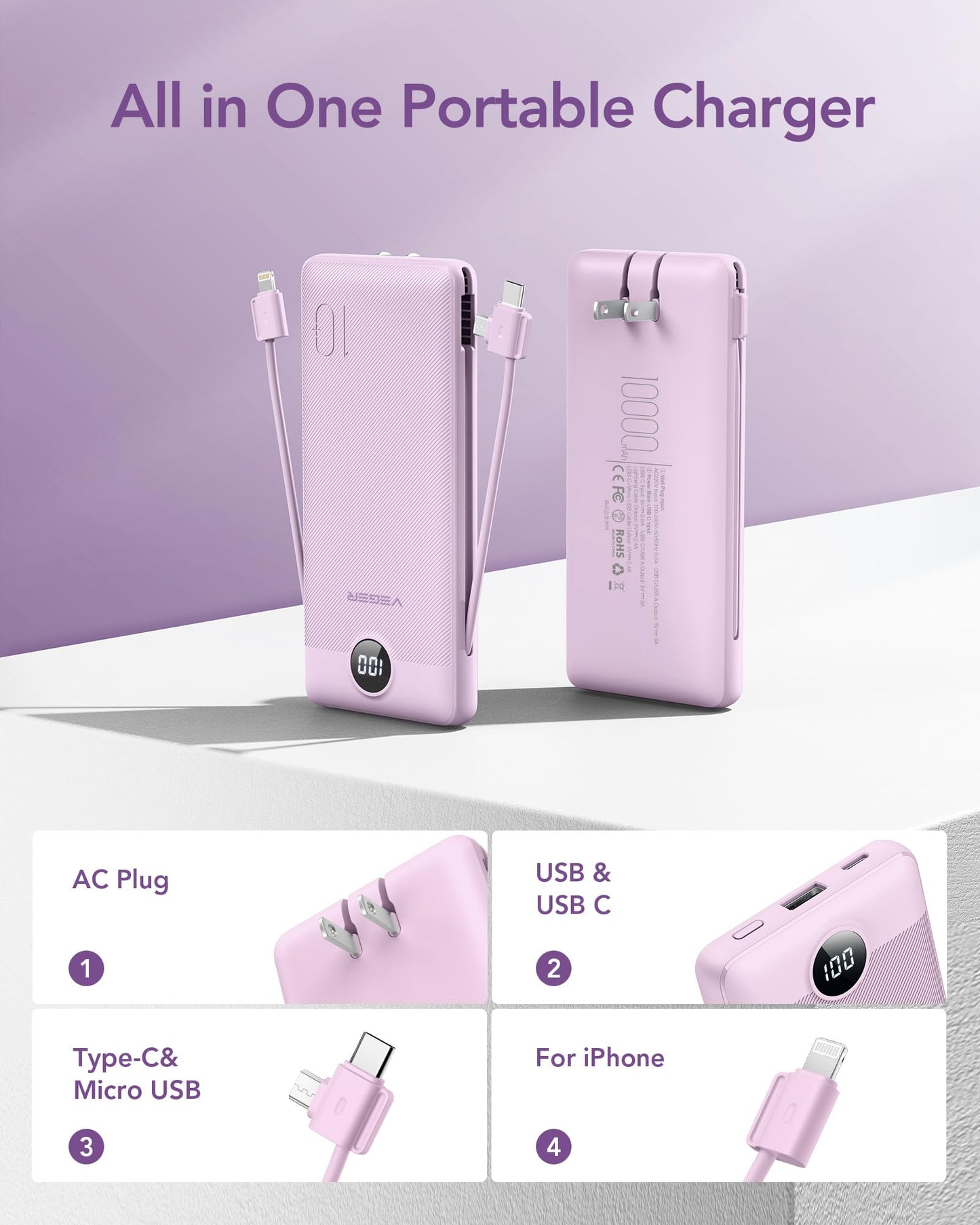 VEGER Portable Charger with Built-in AC Plug and Cables, All in One 10000mAh Ultra Slim Power Bank Travel Essentials, Fast Charging Battery Pack Compatible with iPhone, Samsung, Android (Purple)