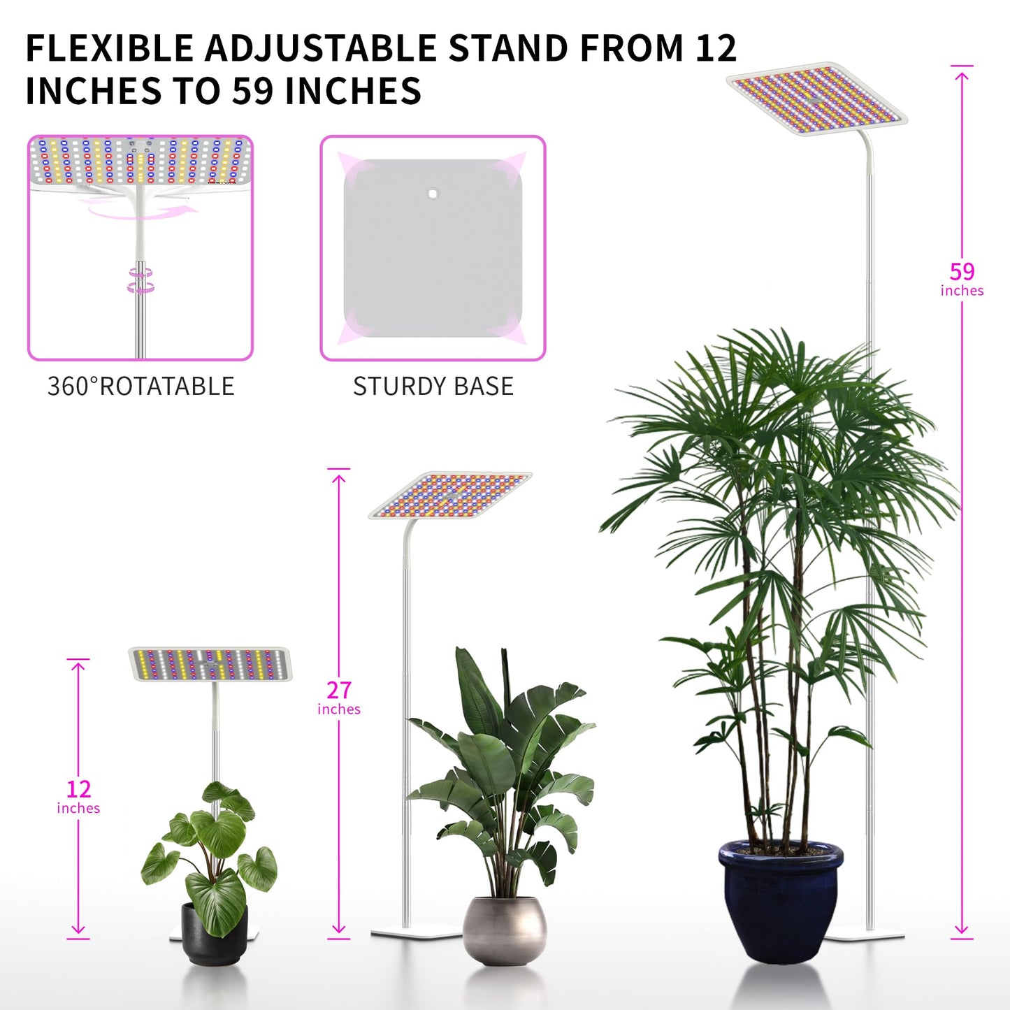 BESTVA 48W Grow Lights for Indoor Plants with Stand, Full Spectrum LED Plant Light for Indoor Plants,12-59 Inches Height Adjustable Growing Lamp with Auto On/Off Timer 4H/8H/12H, 4 Dimmable Brightness