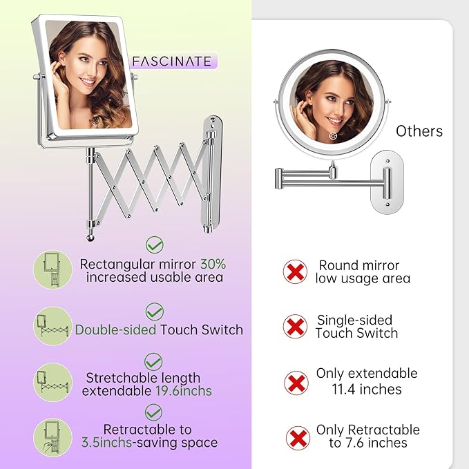 FASCINATE 5000mAh Rechargeable Wall Mounted Makeup Mirror with Lights, 8.7 Inch Double Sided Touch Switch 1X 30X Magnifying Bathroom Mirror, 3 Color Lights Dimmable Extended Arm 360°Rotation (Chrome)