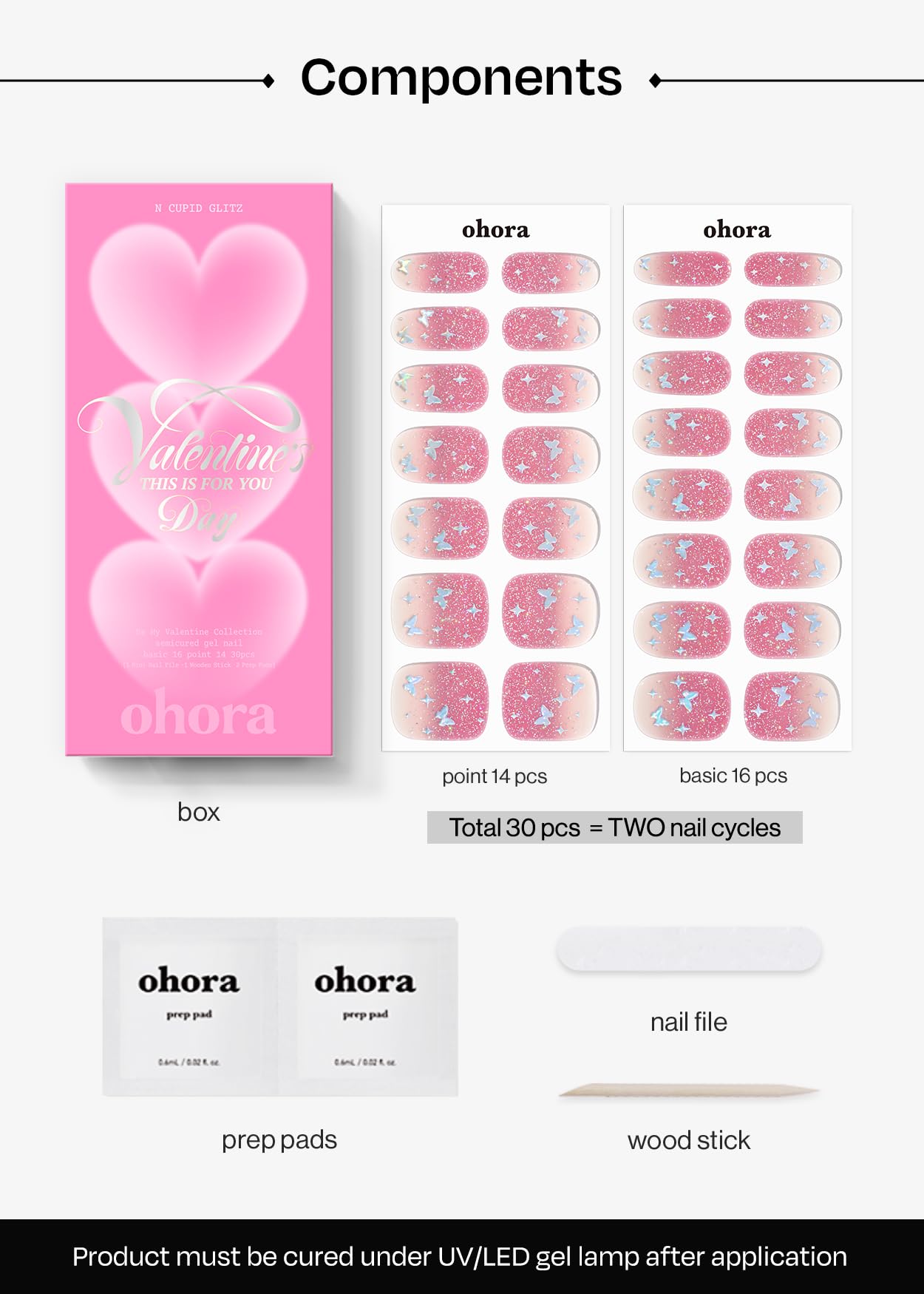 ohora Semi Cured Gel Nail Strips (N Cupid Glitz) - Salon-Quality Valentines Nails, Works with Any Lamps, Long Lasting, Easy to Apply & Remove, Chip Resistant