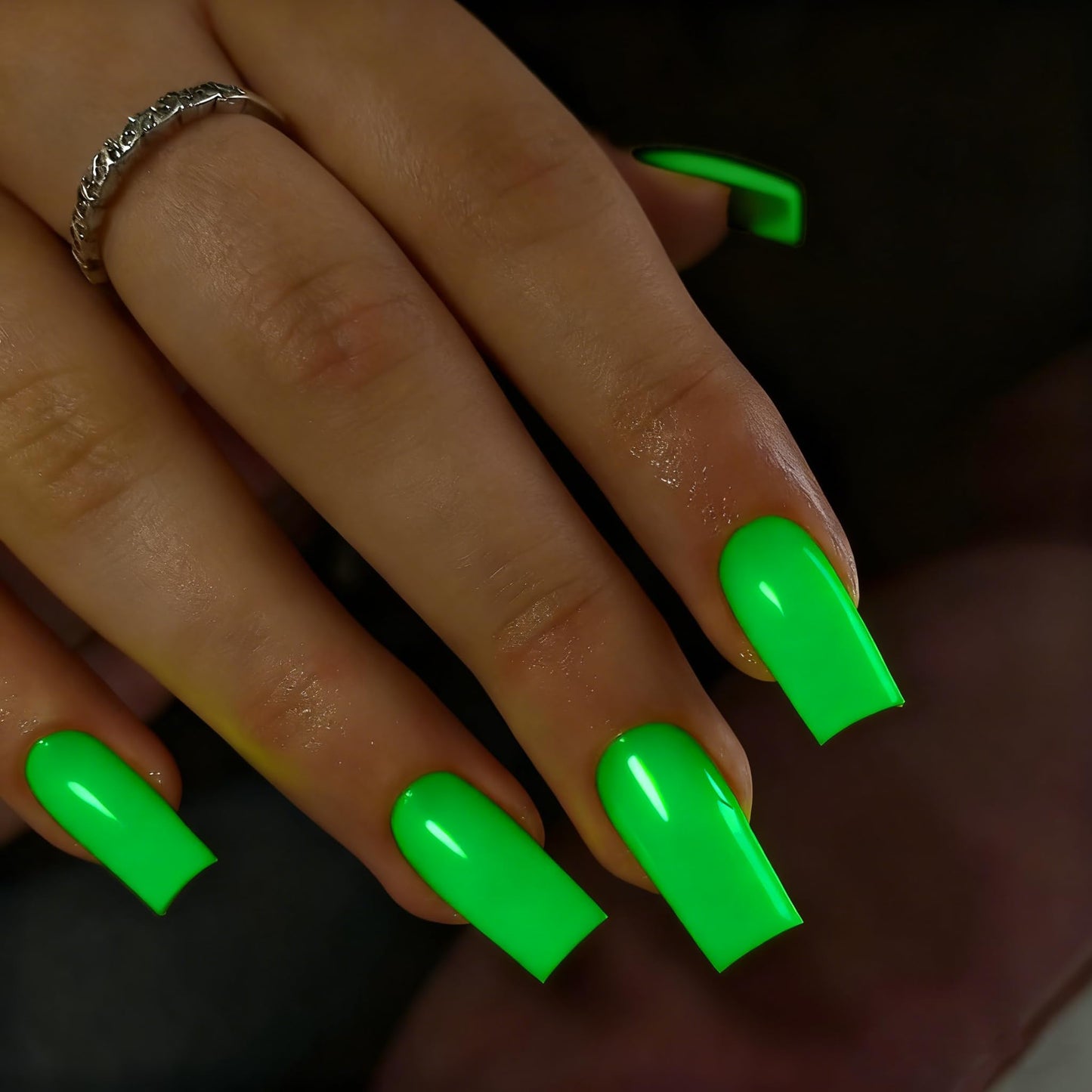 SXVME Press On Nails Long Square - Bright Green Press on Nails with Glue for Women, Natural Simple Fake Nails Press ons Medium, Glossy Soft Gel Glue on Nails Coffin, Reusable Nail Stick Ons, 24 Pcs