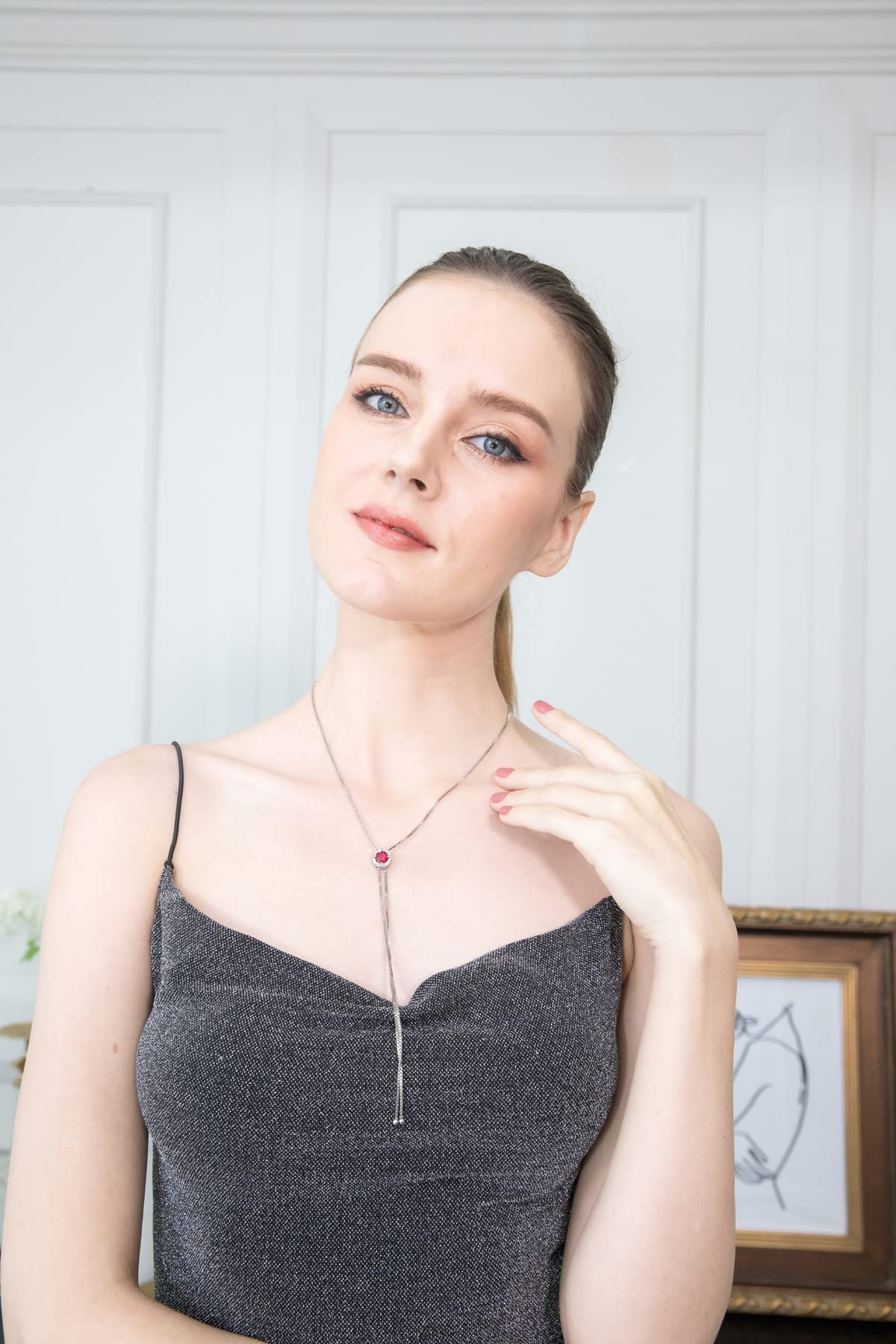 GemStar USA Sterling Silver Synthetic Ruby and White Topaz Round Halo Drop Adjustable Lariat Necklace
