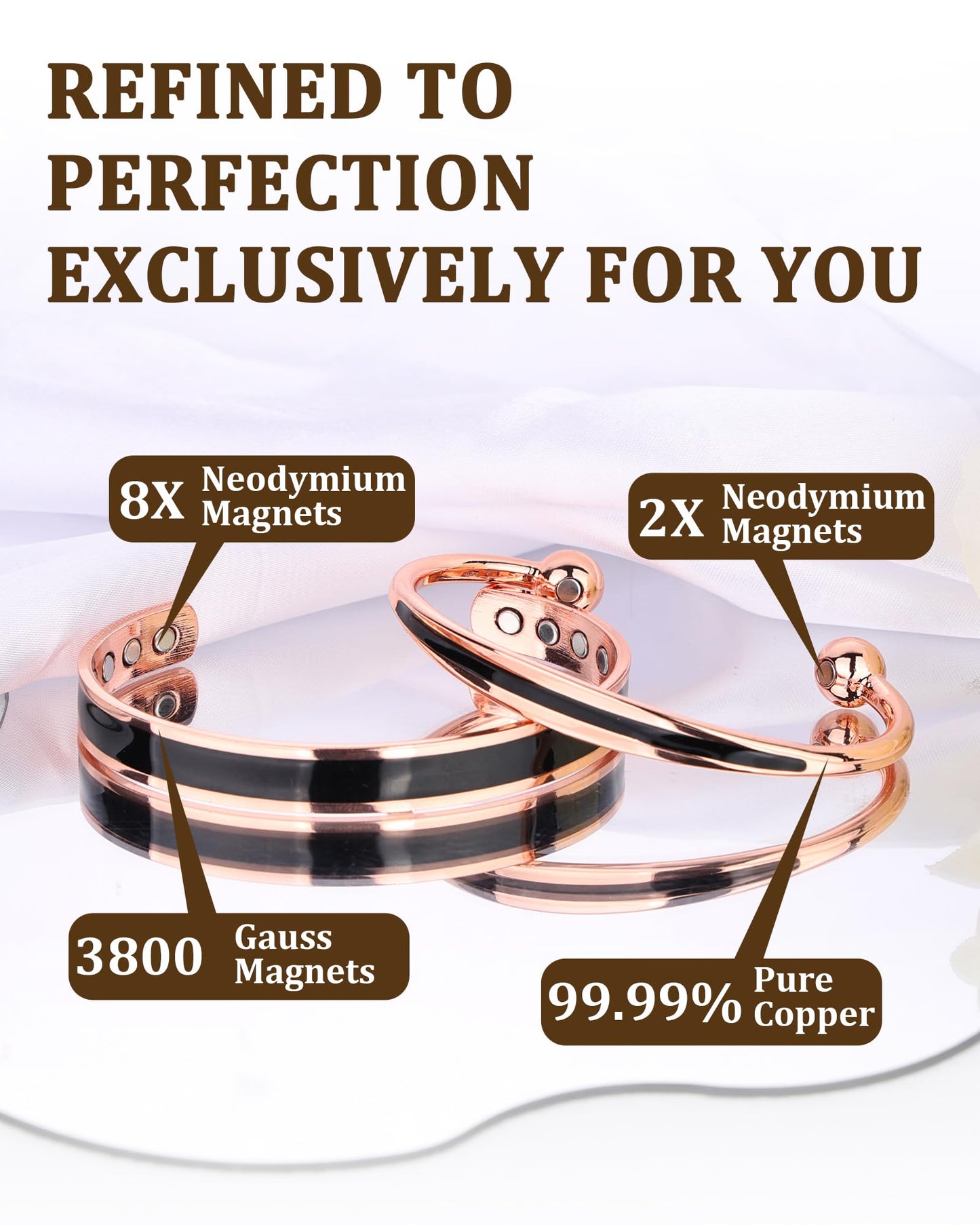 Fashtour Copper Bracelets for Women Men, 99.99% Pure Magnetic Therapy Cuff for Couples, Adjustable 2Pcs Set with 8 Magnets Therapy Cuff Jewelry Gift (COPPER&BLACK)