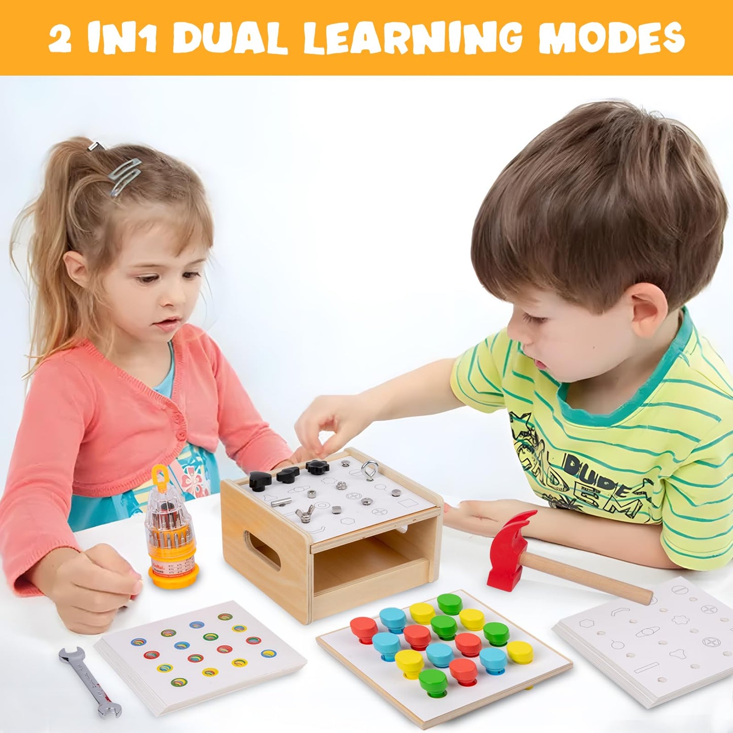 Adena Montessori 2 in 1 Montessori Screwdriver Board Set & Hammer Peg Toy Game Wooden Tool Set for Kids 3 4 5 Year Old