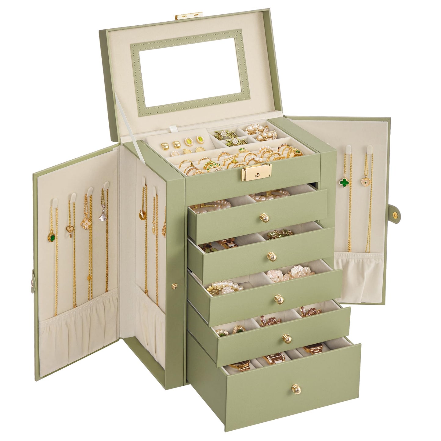 SONGMICS 6-Layer Jewelry Box Organizer with 5 Drawers, Jewelry Storage Case with Lock and Mirror, Large Storage Capacity, Gift for Loved Ones, for Necklaces, Watches, Sage Green UJBC152CE01S