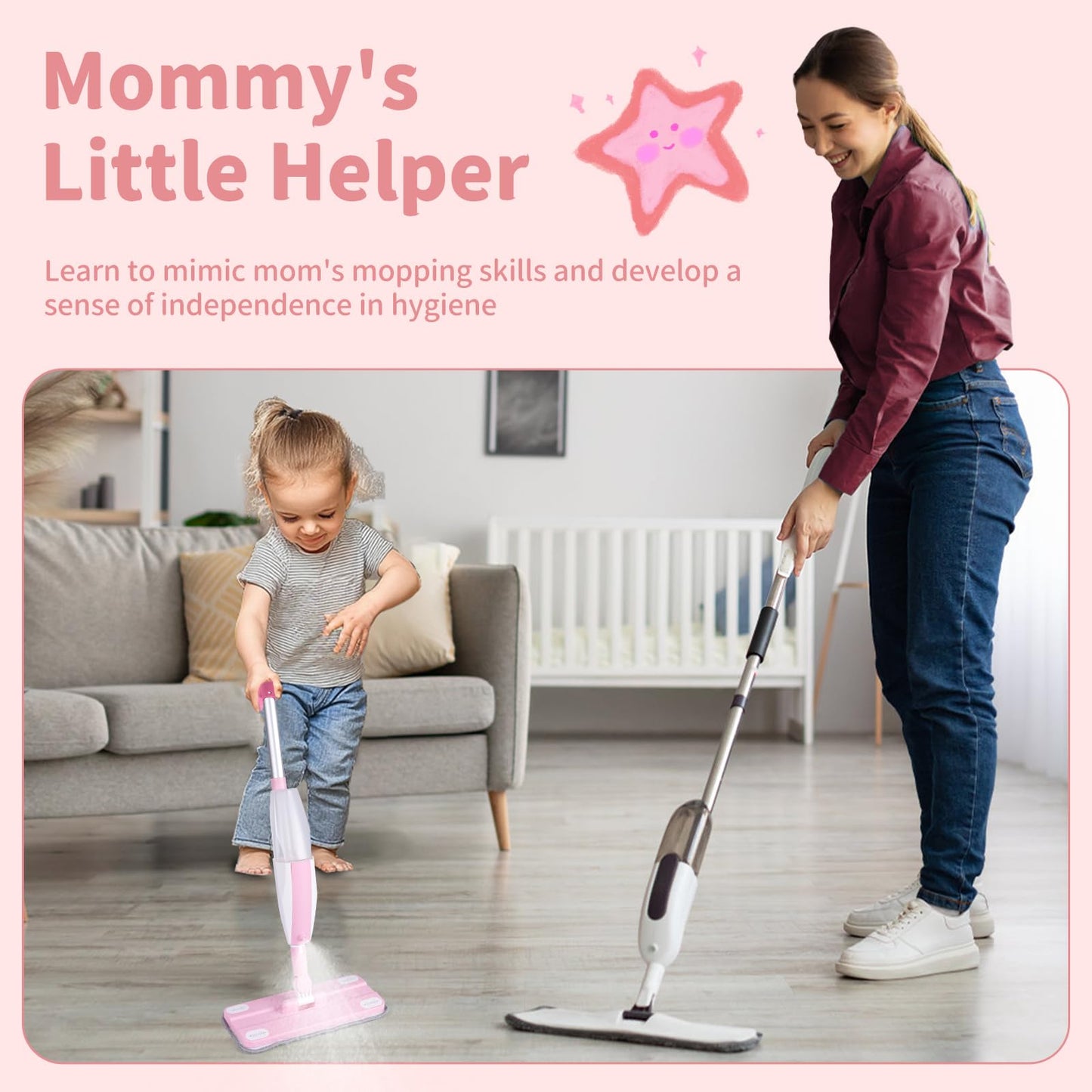Lullulii Kids Spray Mop,Fun & Functional Toddler Cleaning Set,Real Working Mop for Floors,Pretend Play – Includes Spray Bottle, 2 Washable Microfiber Pads, Montessori Kids Cleaning Toy Set -Pink
