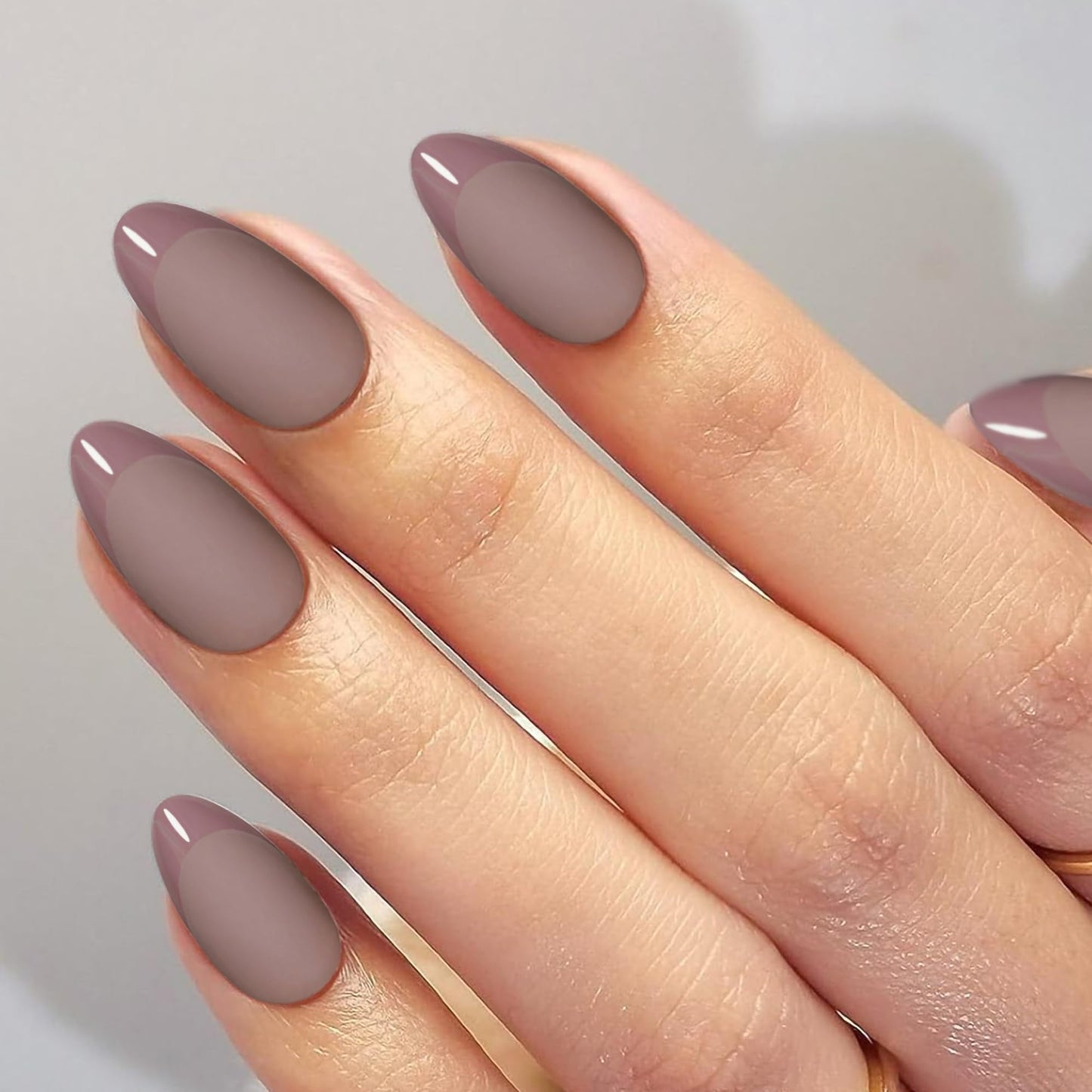 Press On Nails Short Almond Brown Nails with Glossy French Tips in a Matte Finish 16 Sizes - 32 Nail Kit with Glue