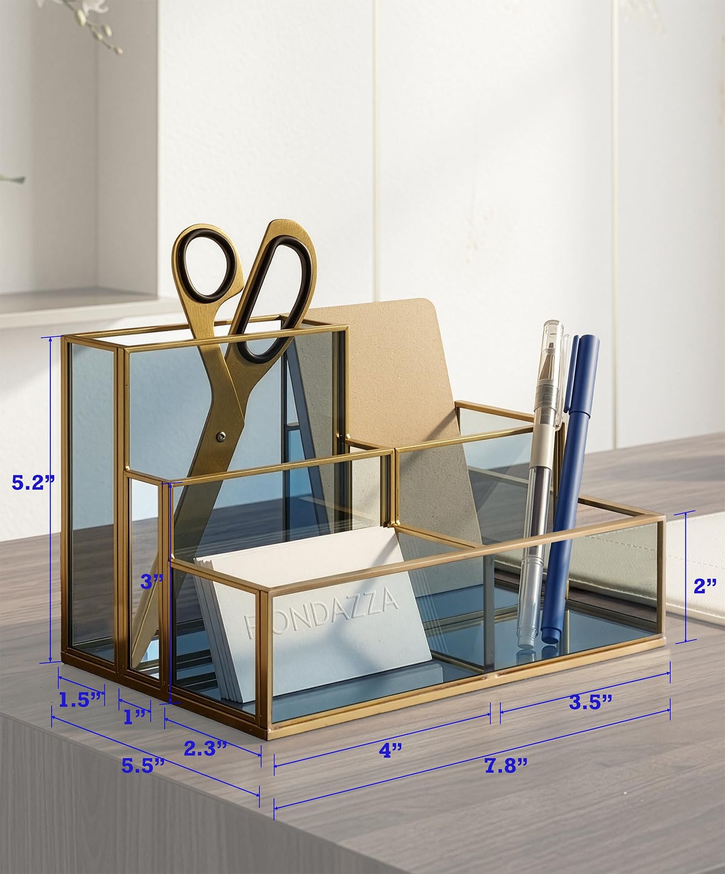 FONDAZZA 5-Compartment Desk Organizer for Home Office Supplies, Gold Brass with Blue Glass, Workspace Storage for Stationery, Cosmetic, Makeup Tools and Brush.
