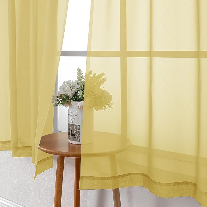 Lecloud Yellow Sheer Curtains 54 Inch Length 2 Panels, Light Filtering Voile Curtain Drapes for Kitchen Bedroom Small Windows, Dual Rod Pocket Living Room Elegant Decor Curtains, 40 W x 54 L Inches