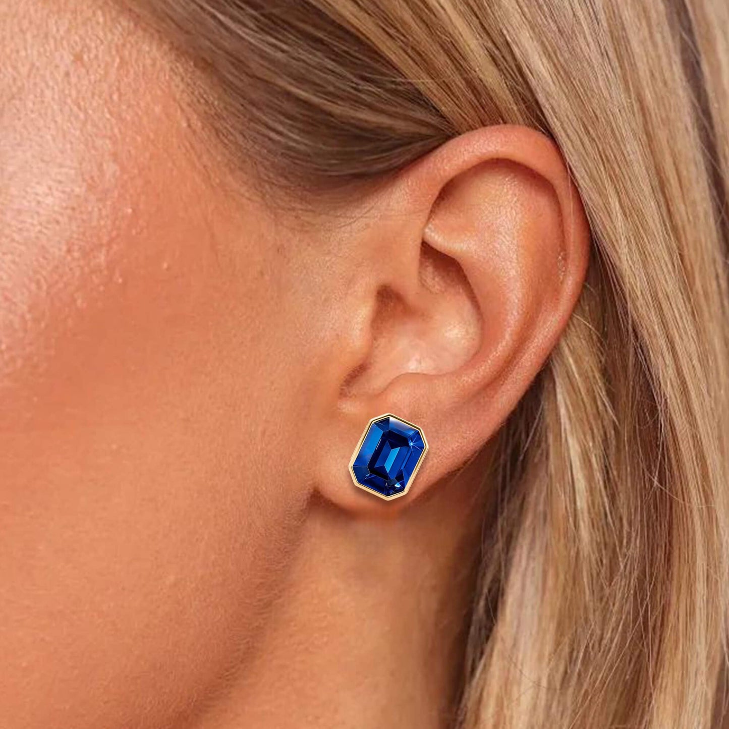 Austrian Crystal Octagon Stud Earrings for Women Fashion 925 Sterling Silver Post Hypoallergenic Jewelry (Sapphire)