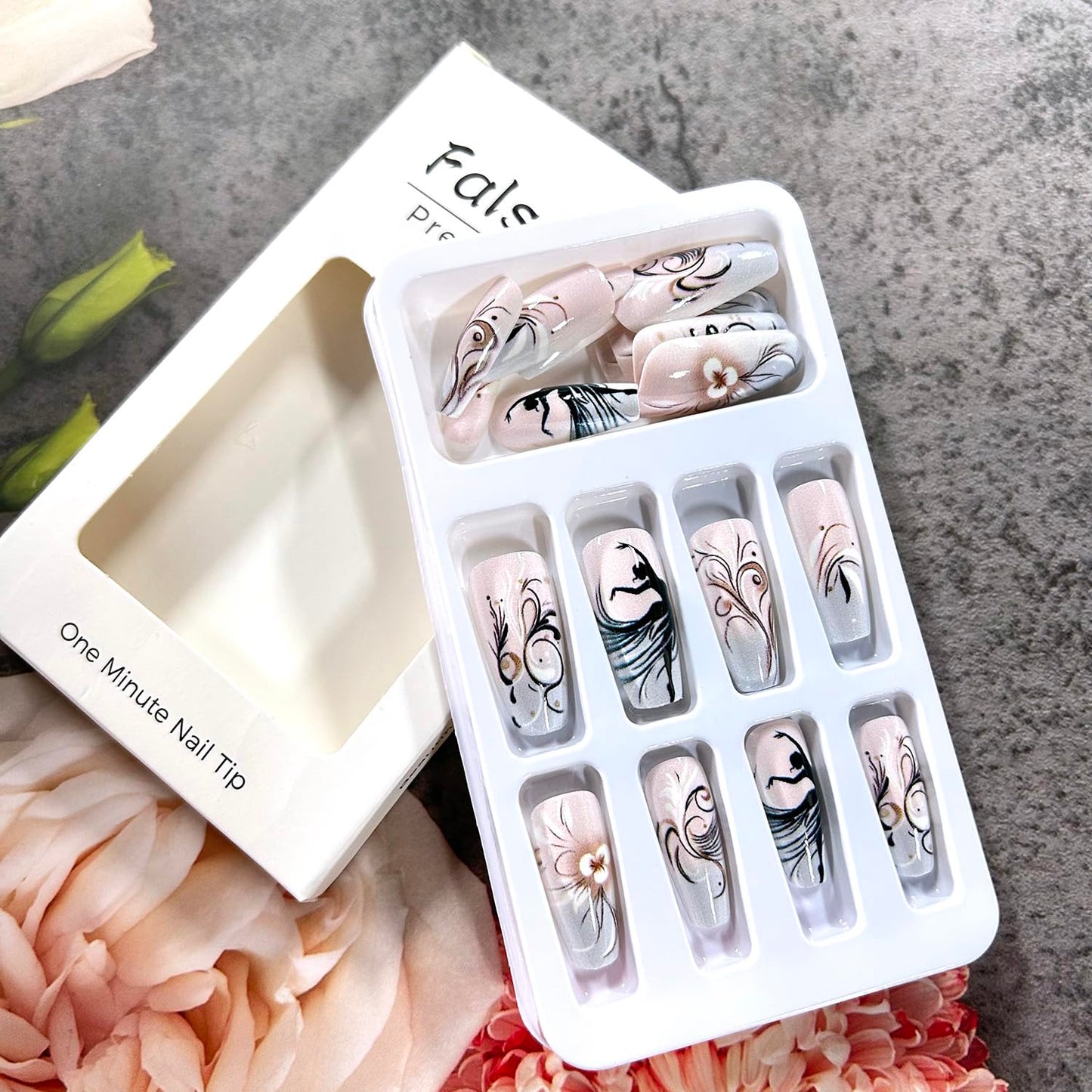 CJDLTS Ballet Dance Press on Nails Medium Ballet Shaped Gold Lines Stripes Design Gradient Acrylic Fake Nail Full Cover Glossy Medium Artificial Fingernails 24Pcs Reusable Glue on Nails for Women