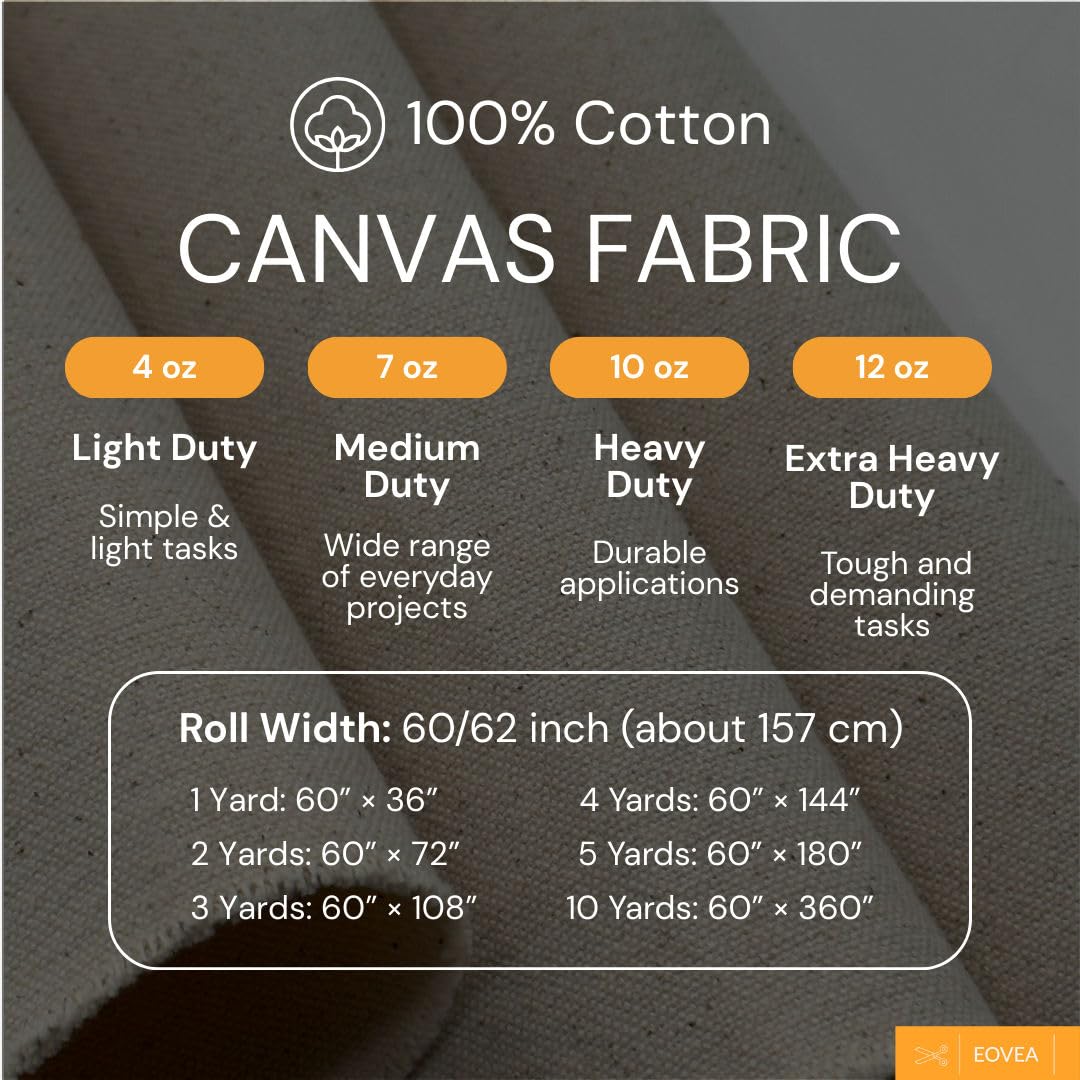 Eovea | Canvas Fabric | Cotton Duck | 100% Cotton | 12oz Extra Heavy | 60" Wide | Heavy Duty, Outdoor Covers, Industrial, Upholstery, Drop Cloths(12oz, 1 Yard)