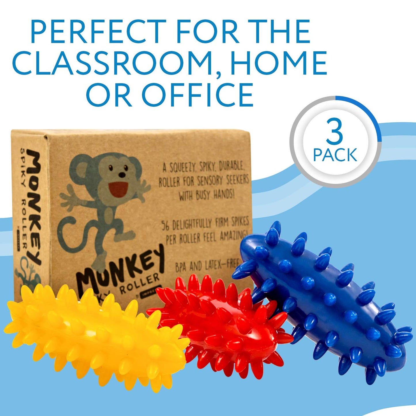 IMPRESA Spiky Sensory Roller - Multicolor 3-Pack, 3 in L x 1.4 in Dia Tactile Sensory Brush Roller for Kids - Stress Relief & Focus - Animal-Themed Monkey Spiky Fidget
