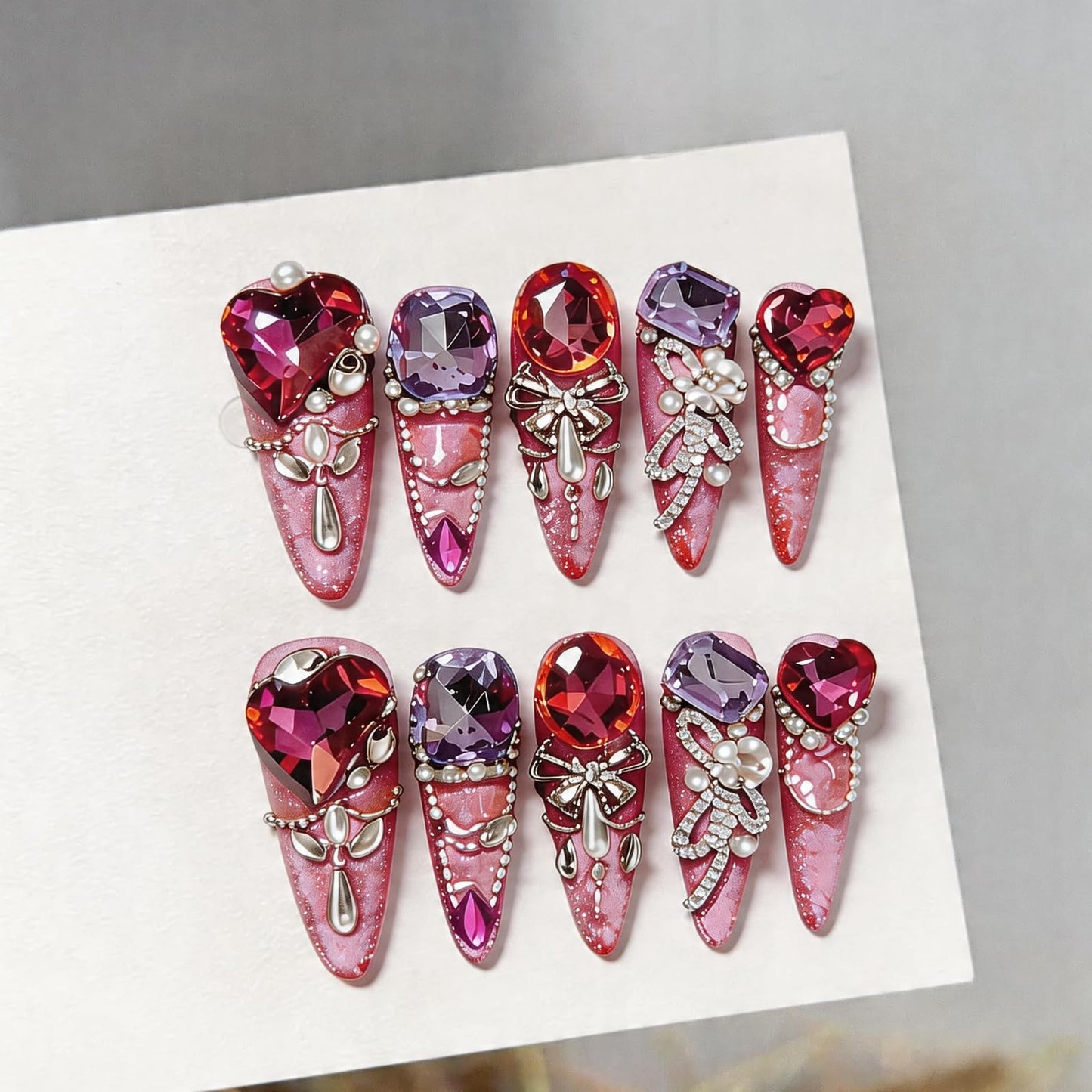 SILPECWEE 10PCS Almond Press On Nails Handmade Medium Long Fake Nails Pink Cat Eye Acrylic Press On Nails Crystal Nail Charms, False Nails for Women Nail Art Decoration