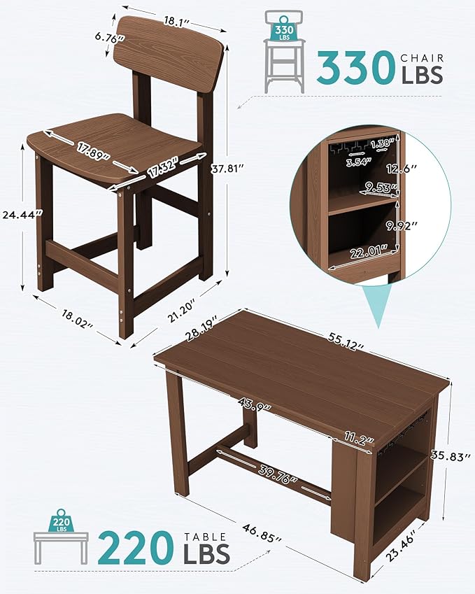 SERWALL 8-Piece HDPE Counter Height Dining Table Sets with Storage and Wine Rack, 2 Rectangular Bar Table with Bar Stools Set of 6 for Garden, Backyard, Kitchen, Brown