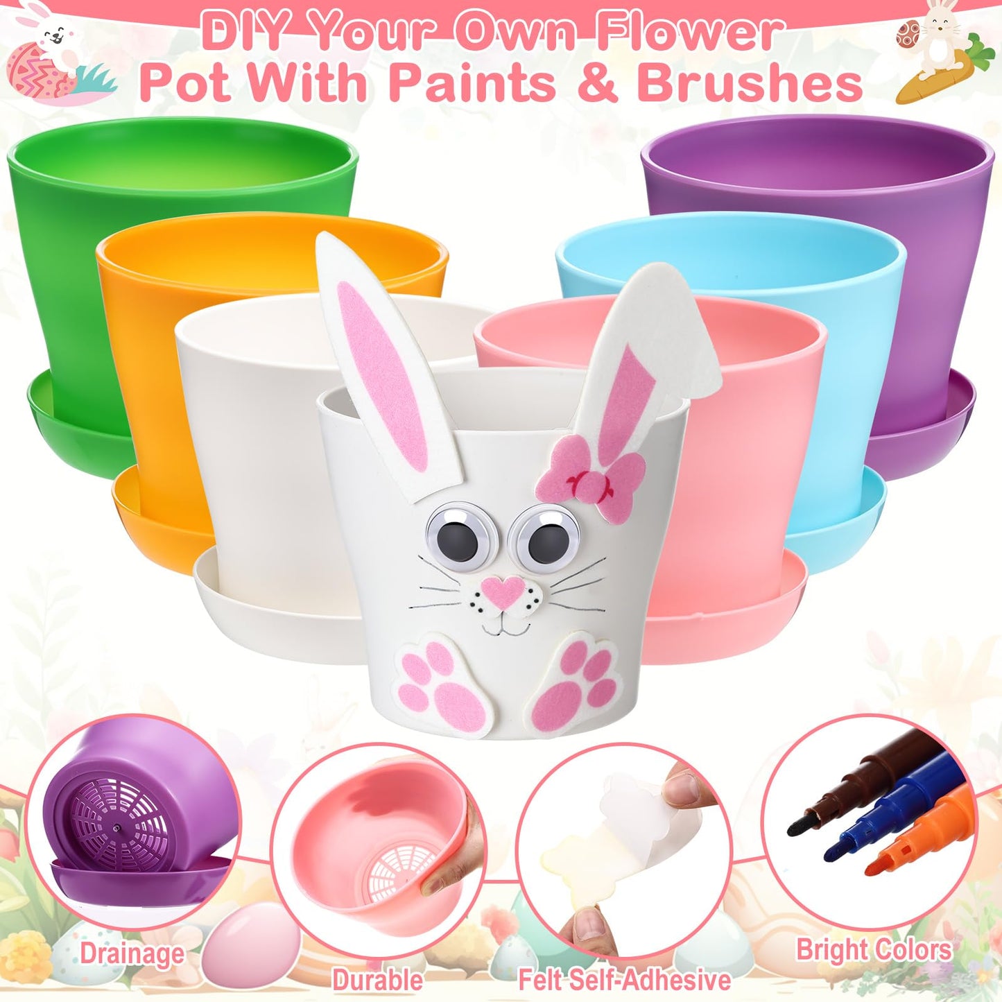 Ferrochef 24 Set Easter Bunny DIY Flower Pots Crafts Bulk Bunny Plant Cute Crafts Pot Graduation Party Favors Spring Decorative Garden Pots DIY Painting Kit Creative Art Project