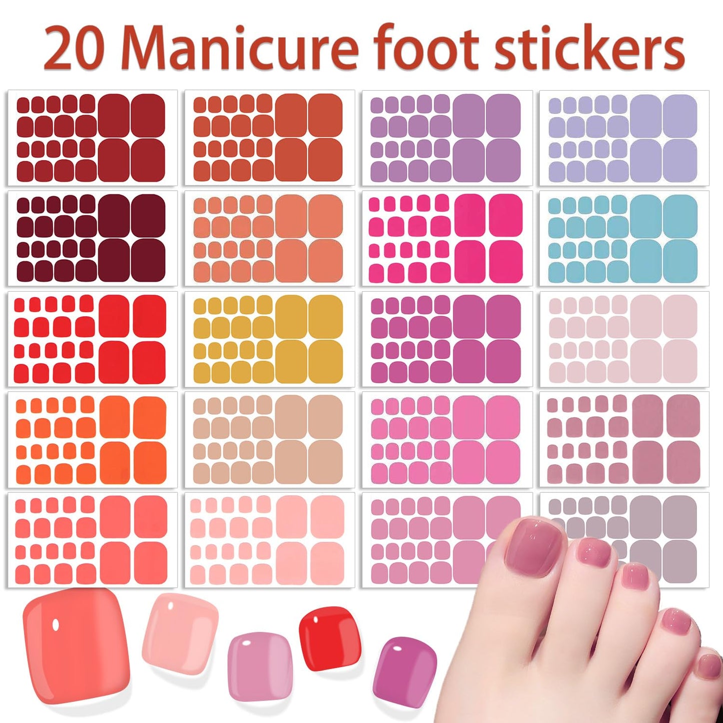 WOKOTO 20 Sheets Toe Nail Stickers Solid Color Full Nail Wraps for Women Nails, Pink - Red Nail Polish Strips for Toes Nails Art Stickers Decals Self Adhesive Nail Polish Wraps Toenail Strips