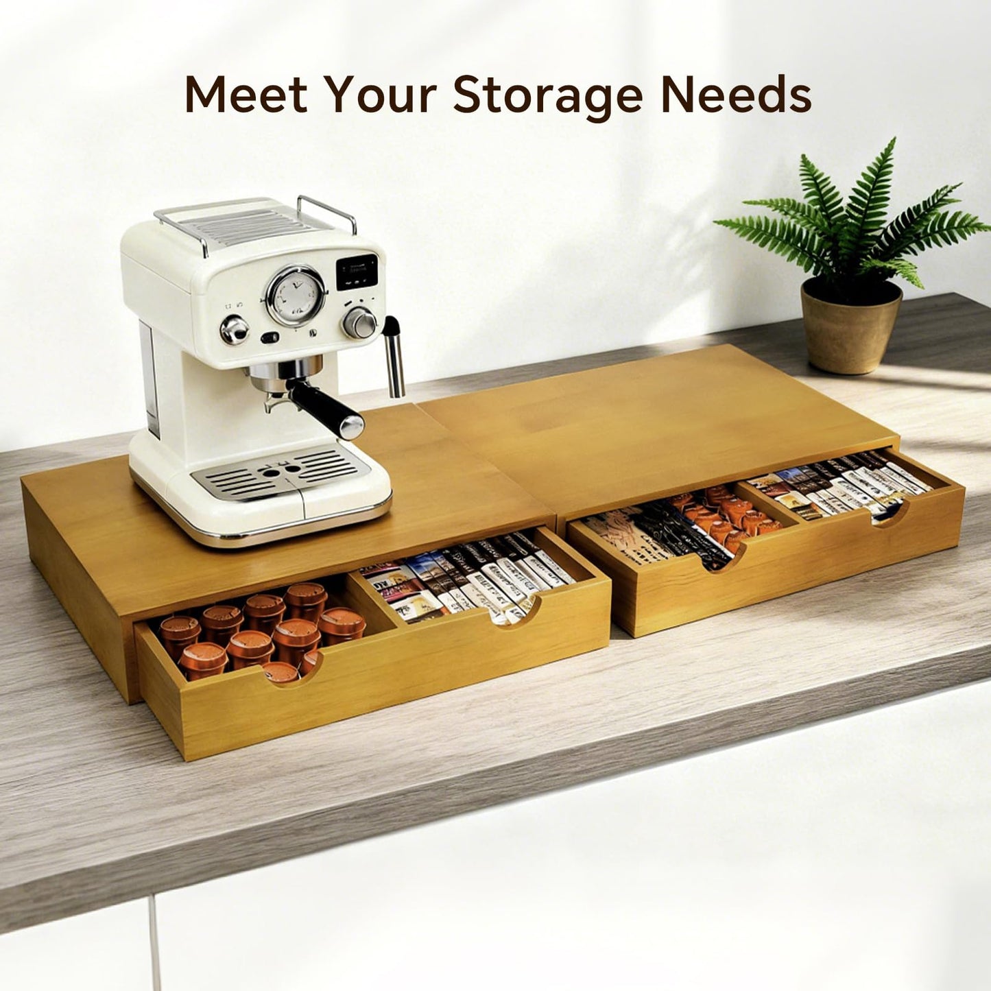 KISENG Coffee Pod 15" X 11" X 3" Natural Wood Countertop Organizer Drawer, Counter Top Espresso Tea Bag Station Storage Holder Box, Brown