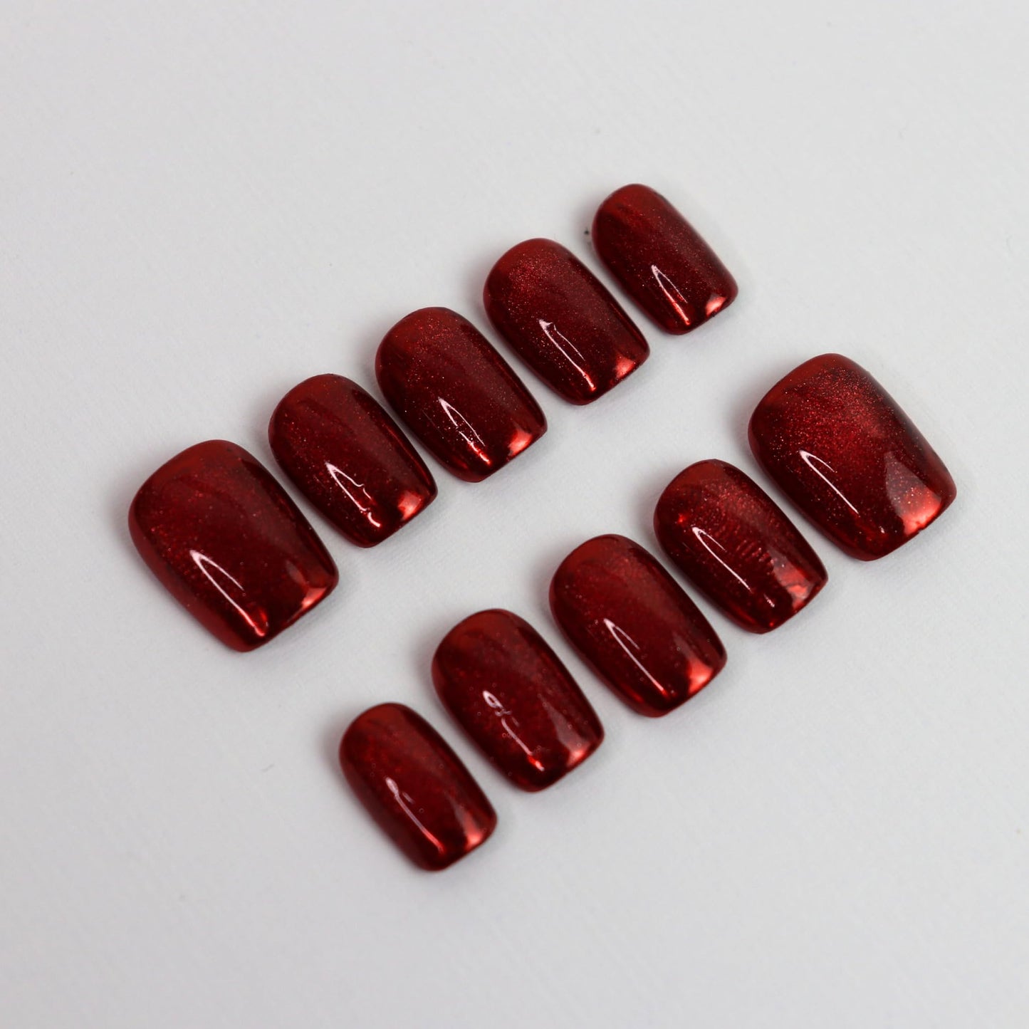 Handmade Magnetic Cat Eye Press-On Nails – Chrome Finish (Gold, Ruby Red, or Silver) | Reusable Glossy Gel Look | Squoval Short (Red Mirror Cat Eye, S Short Squoval)