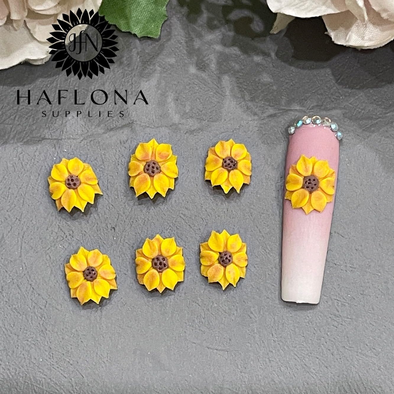 Set 10Pcs 3D Sunflowers Flower -Nail Art Charms Handmade by Acrylic Powder Design Floral Salon Decor, 3D -Flowers -Nails -Charms -for Women Girls (Sunflower -8Pcs)