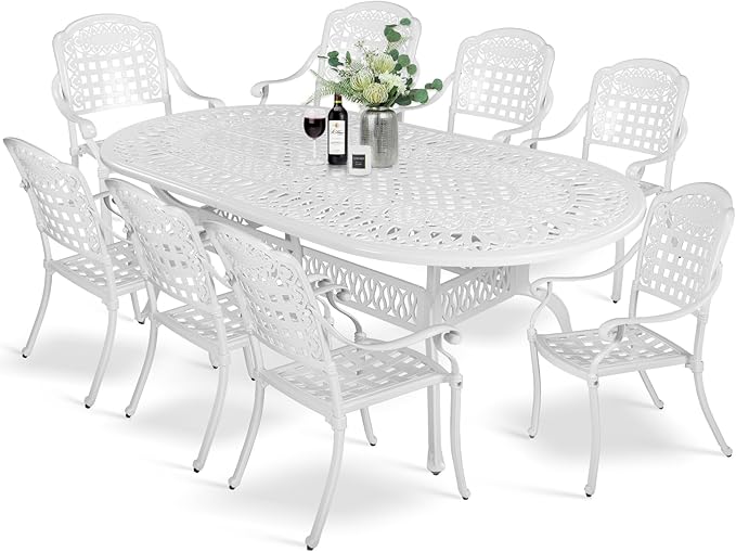 MEETWARM 9-Piece Outdoor Furniture Dining Set, All Weather Cast Aluminum Patio Garden Set with 8 Chairs,1 Oval Table, 2" Umbrella Hole, White