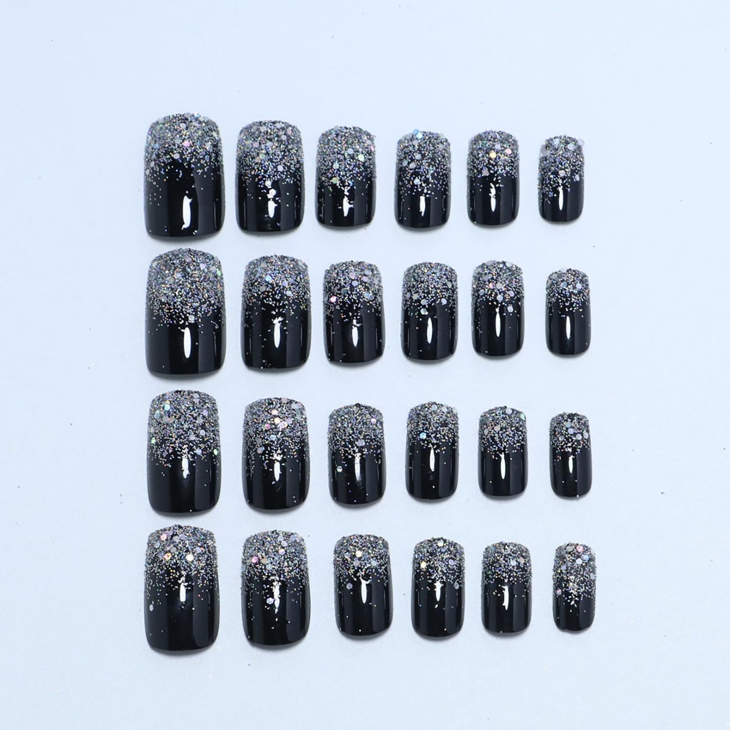 Press on Nails Medium Square Shapes 24Pcs Glossy Full Cover Artificial Black Fake Nails with Silver Glitter Designs Reusable Coffin Acrylic False Nails Glue on Fingernails with Charm for Women