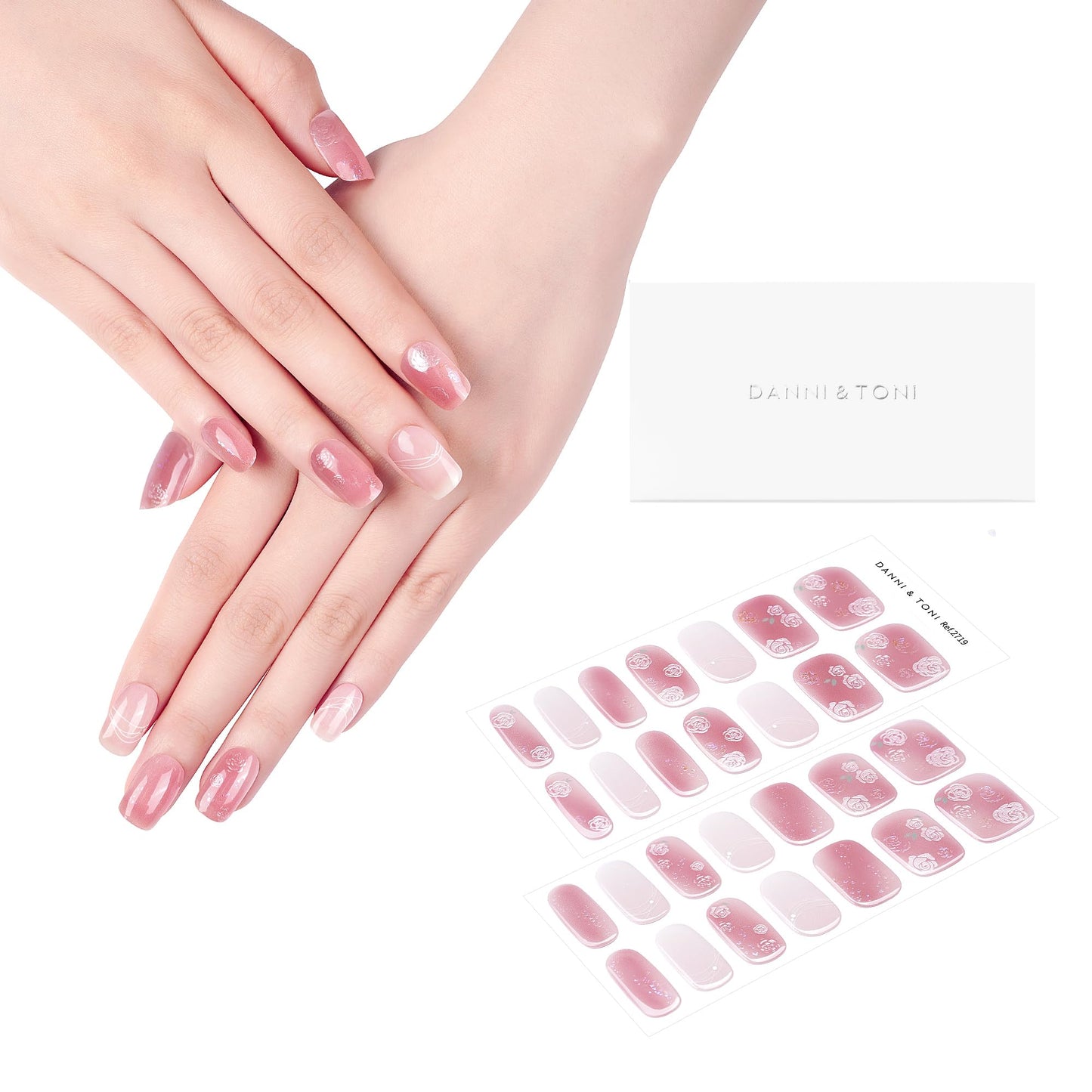 DANNI & TONI Semi Cured Gel Nail Strips Floral (Petal Kiss) Pink White Ombre Gel Nail Wraps 28 Stickers
