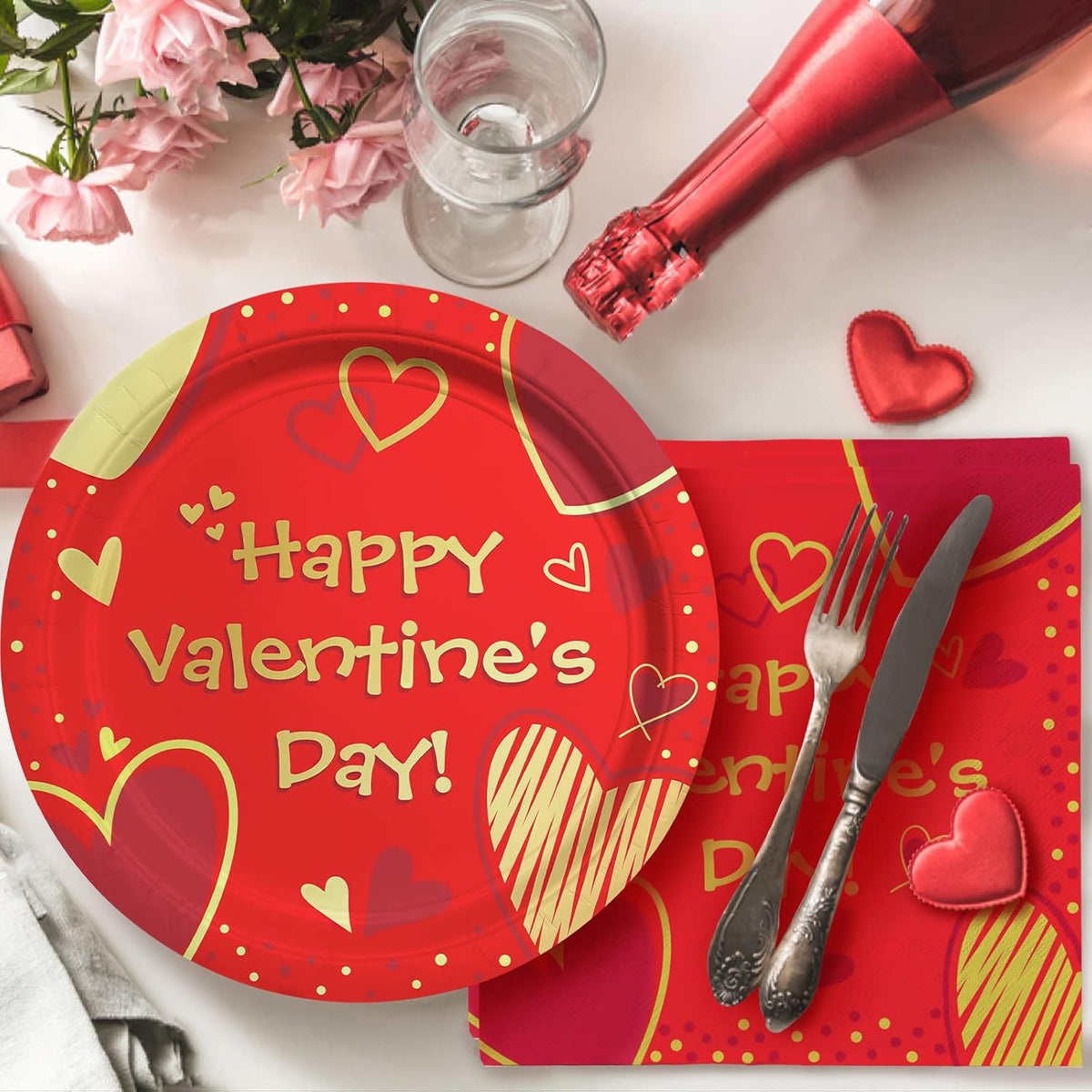 Valentine's Day Party Supplies Red Heart Love Disposable Paper Plates Napkins Cups plastic Tablecloth for Valentine's Day, Engagements, Anniversary, Birthday Party Serve 25