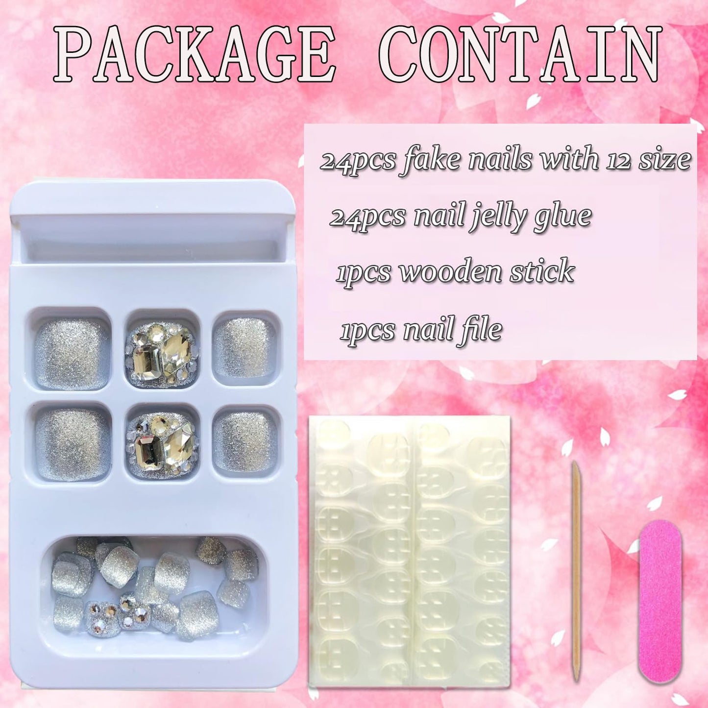 Vezocim Silver False Toenails Sets, Press on Toenails Coffin with Diamond Gems Designs, Full Cover Artificial Acrylic Fake Nails for Toe, Glue on Toenails with Charm, Stick on Toe Nails for Women