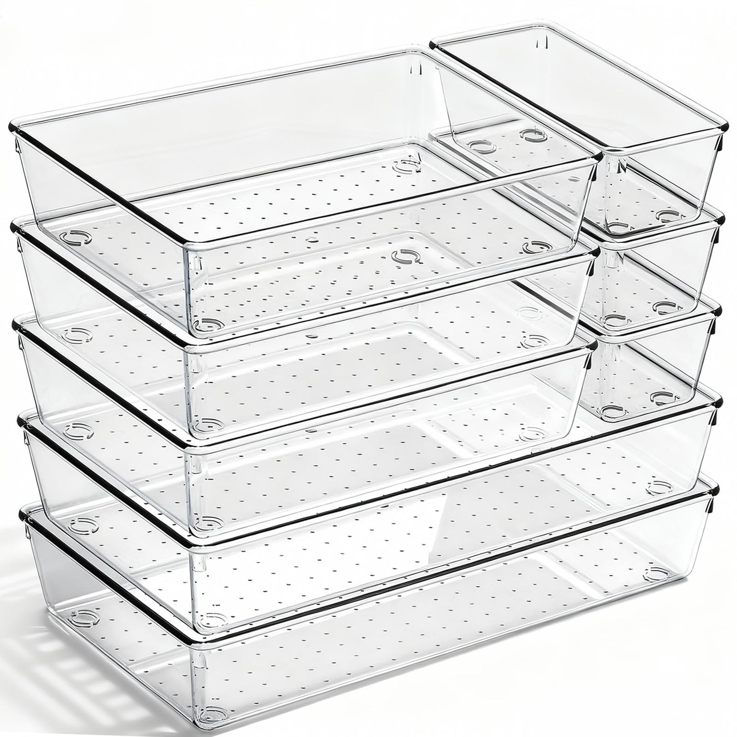 8 Pack Large Clear Plastic Drawer Organizer Bins - Acrylic Bathroom Drawer Organizer Trays - Heavy Duty Kitchen Drawer Dividers for Utensils - Non-Slip Storage Bins for Makeup, Bedroom, Office Desk