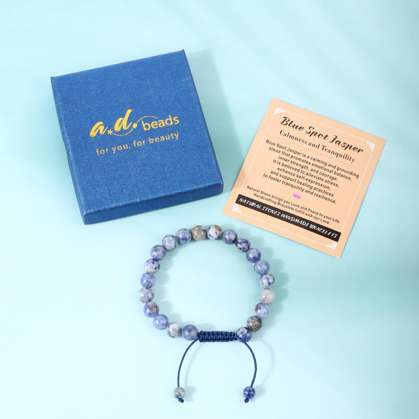 AD Beads 4mm Blue Spot Jasper - Calmness and Tranquility - Handmade Natural Stone Crystal Bracelet with Adjustable Macrame String - Yoga Healing Power Energy Gifts for Men and Women