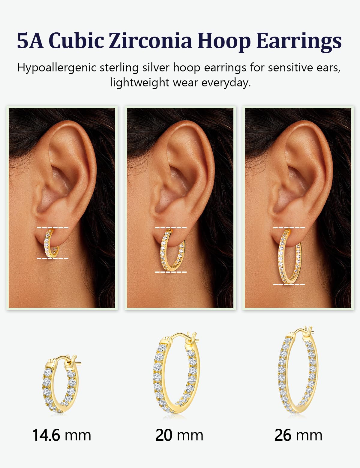 RANDES 14K Gold Plated Cubic Zirconia Hoop Earrings Trendy Sterling Silver Post Cretaed Diamond Earrings 26mm Medium Hoop Earring Wedding Jewelry