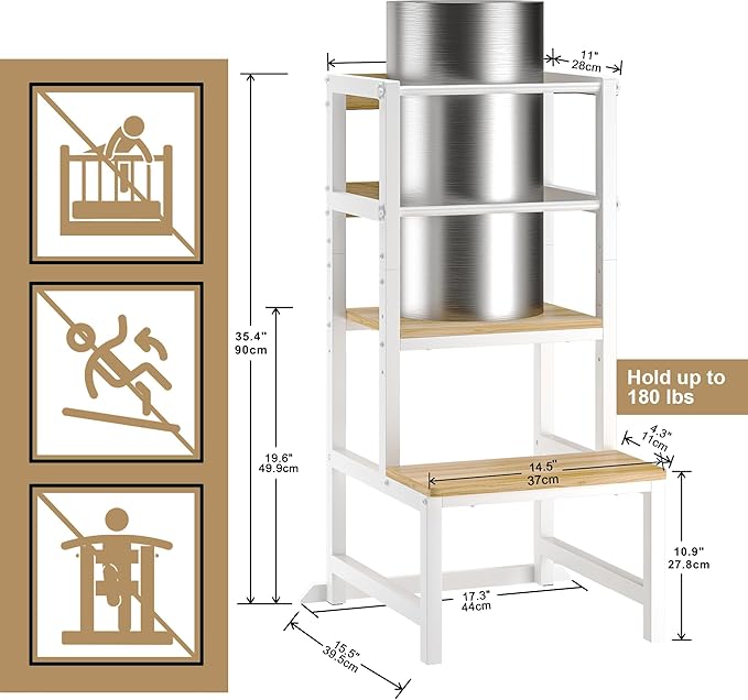Kitchen Step Stool for Toddlers, Height Adjustable Toddler Tower with Safety Rail, Steel and Wood Toddler Kitchen Stool Helper Kids, Stool for Kids, Learning Tower, Kids' Desk Wood White