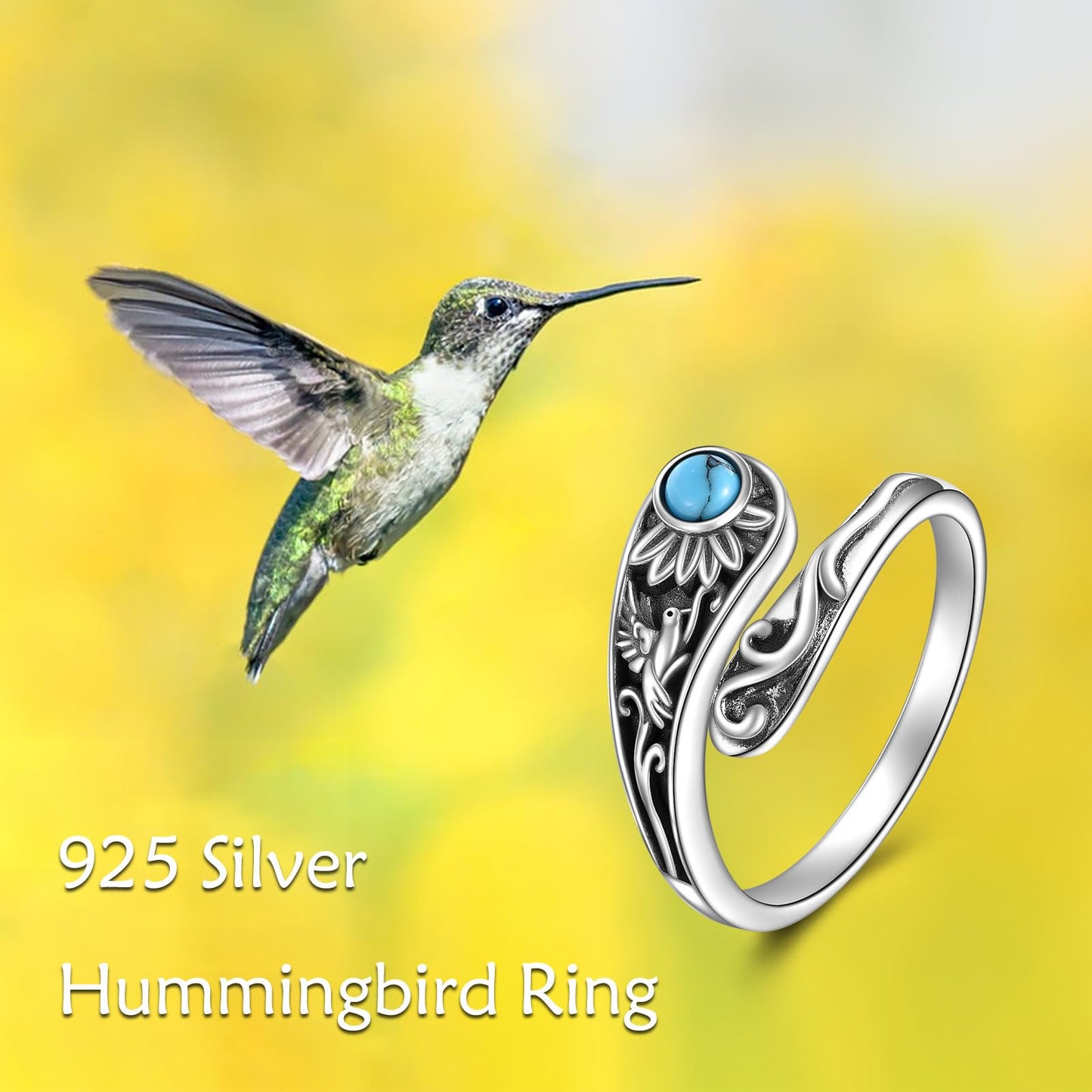 POPLYKE Sterling Silver Hummingbird Turquoise Spoon Ring Vintage Thumb Rings Boho Adjustable Open Ring Statement Jewelry Gifts for Women