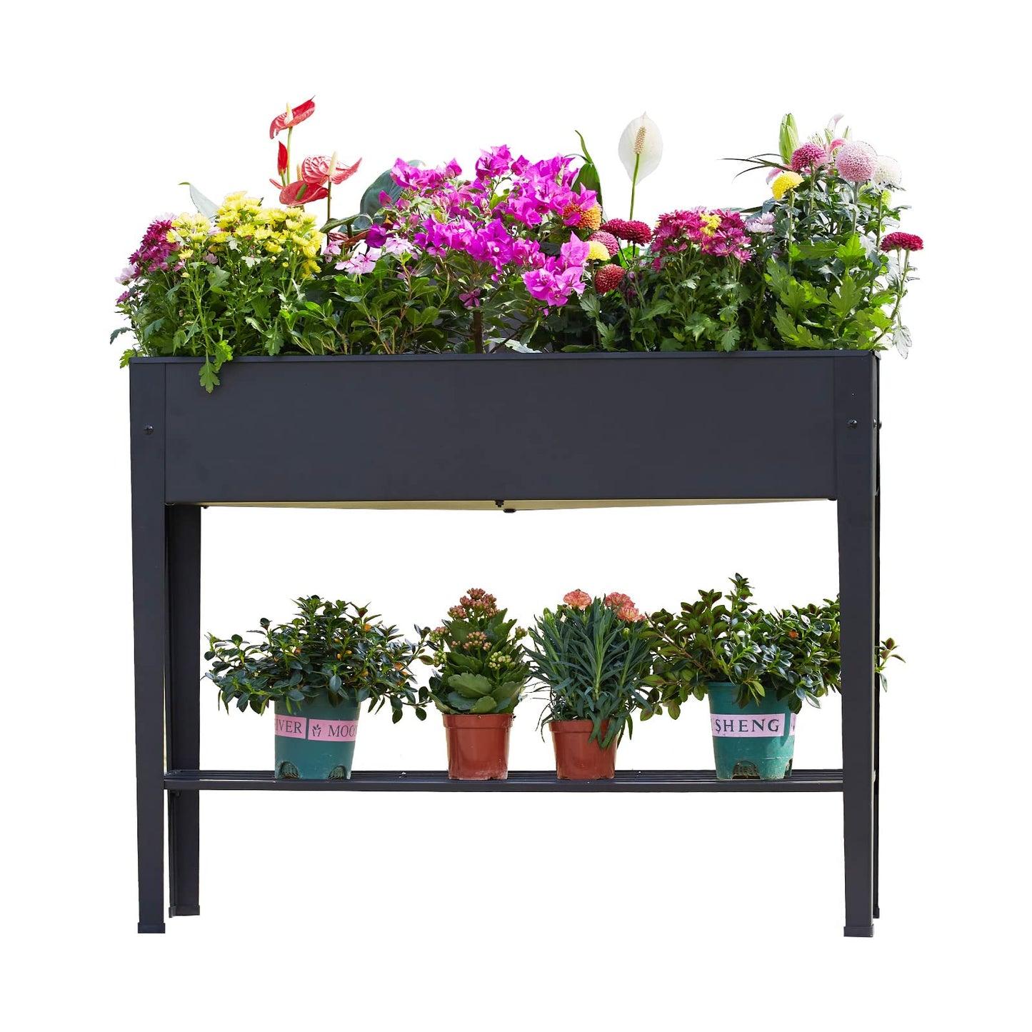 Piksedo Raised Garden Bed, Elevated Planter Black Metal Plant Box with Legs Standing Garden Stand Drainage Holes Black