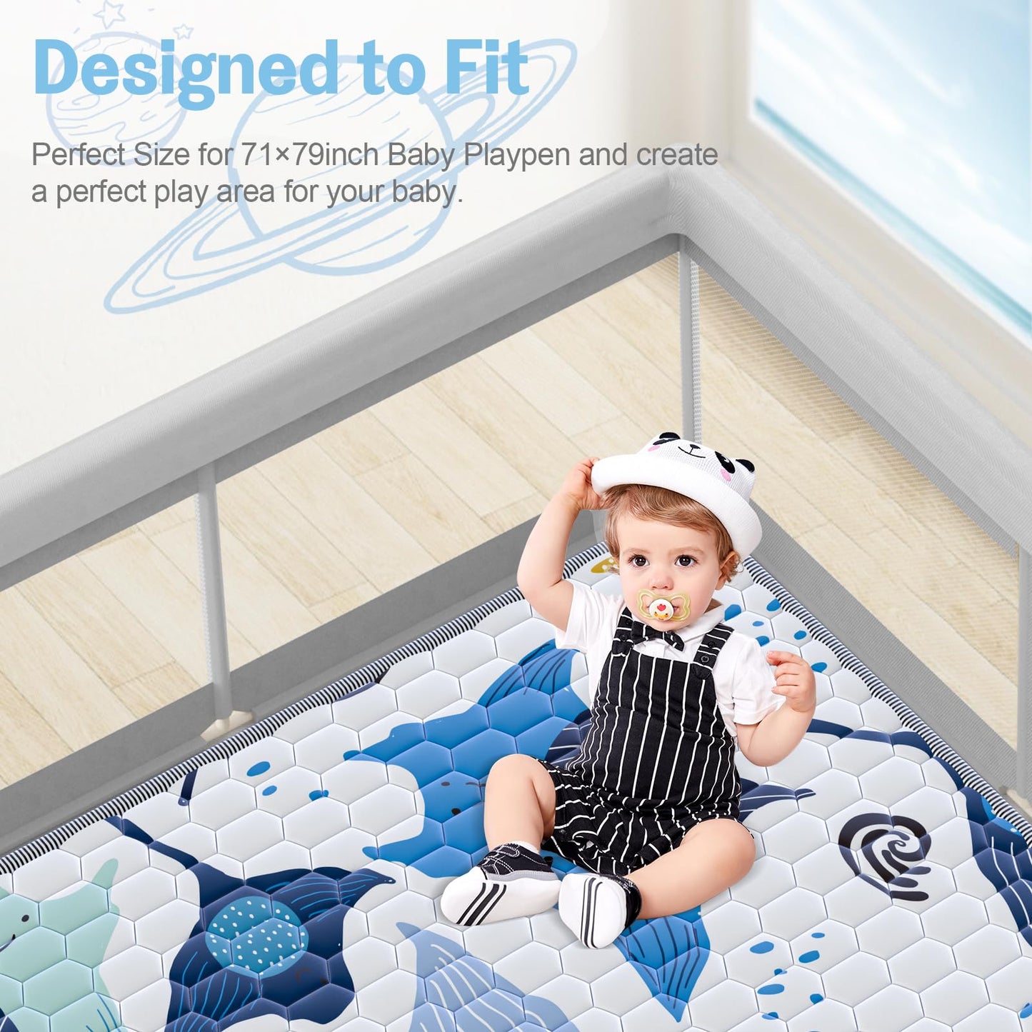 omzer Baby Play Mat, Large & Thick & Soft Cushioned Playmat for Playpen, Non-Slip Floor Mat for Crawling Infants & Toddlers with Safety Silicone Backing, Machine Washable - 71x79 Inch, Blue