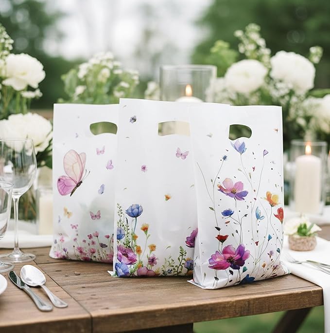Wildflower Gift Bags, 100 Pcs Wildflower Party Favor Bags with Handles, Plastic Floral Goodie Candy Cookie Treat Bag for Wildflower Baby Shower Decorations Birthday Spring Party Favors Supplies