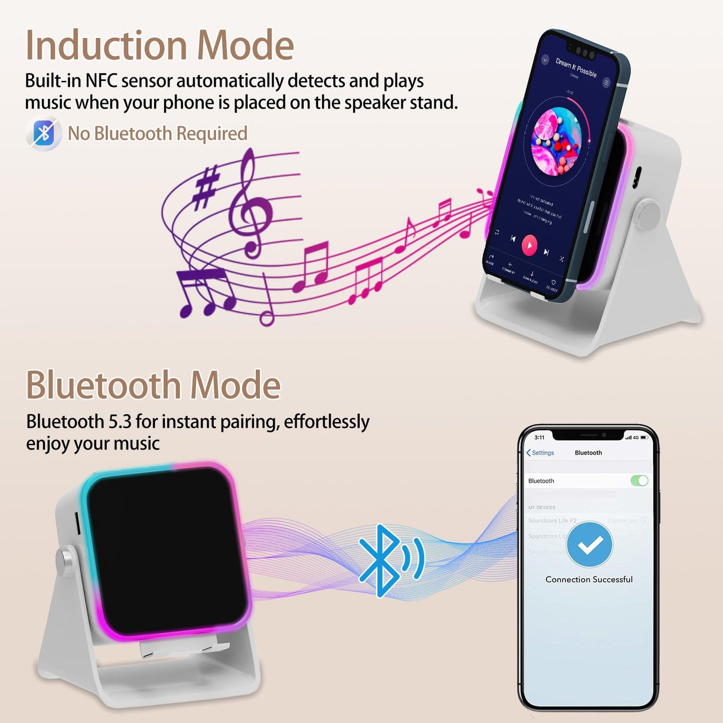 Wireless Induction Speaker 5-in-1 Bluetooth Speaker with Phone Holder, Surround Sound, 3500mAh, 8 RGB Ambient Lights, 360° Adjustable Stand, Holder for iPhone/Android/iPad Gifts for Men Women (White)
