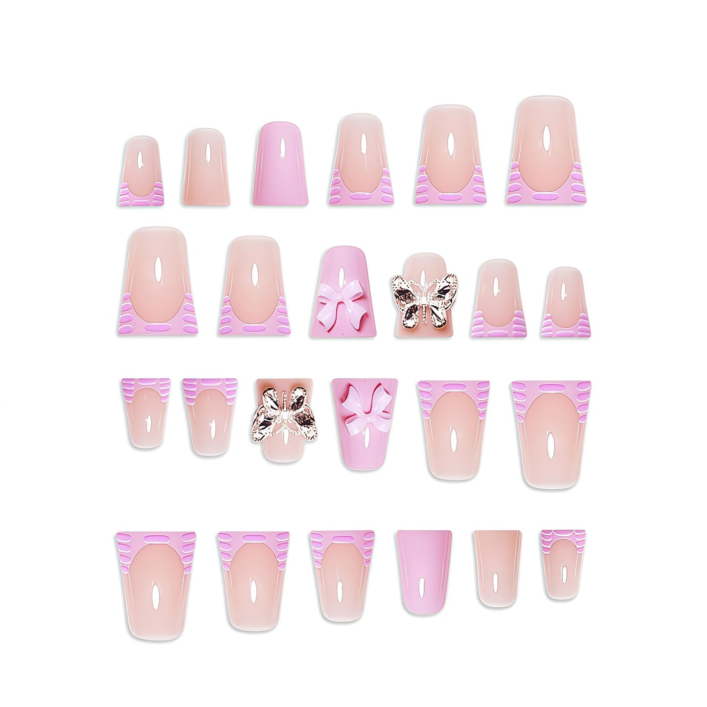 Medium Press on Nails Duck Fake Nails Pink Acrylic Nail Press Ons Seeneey Bow and Butterfly Designs Cute Stick on Nail for Women 24pcs