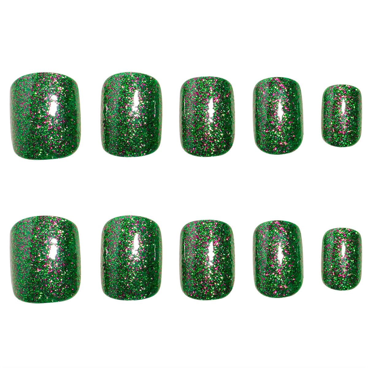 Green Glitter Press on Nails Short Square Fake Nails Christmas Glitter Acrylic Nails Artificial Glue on Nails Squoval False Nails Xmas Stick on Nails for Women Nails Decoration 24Pcs