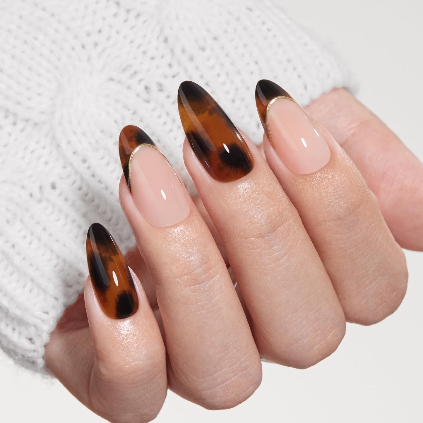 VSALON Press On Nails Short Almond, 32 Pcs 16 Sizes Brown Cat Eye & Tortoise Shell French Tip Glue On Nails Kit for Women