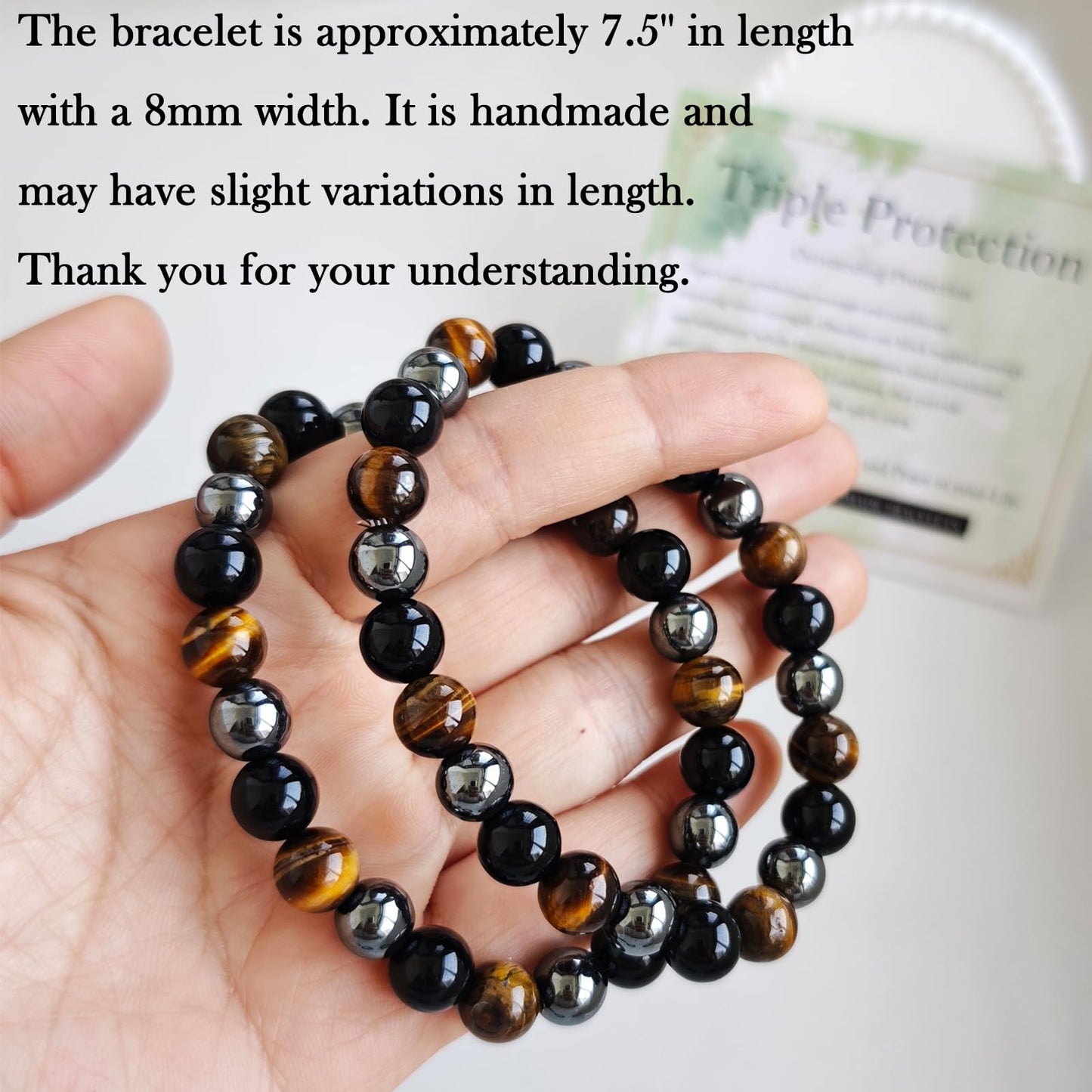 Handmade Natural Gemstone Elastic Bracelet - Healing Crystal Beads Jewelry, Unisex (Triple Protection, 8mm)