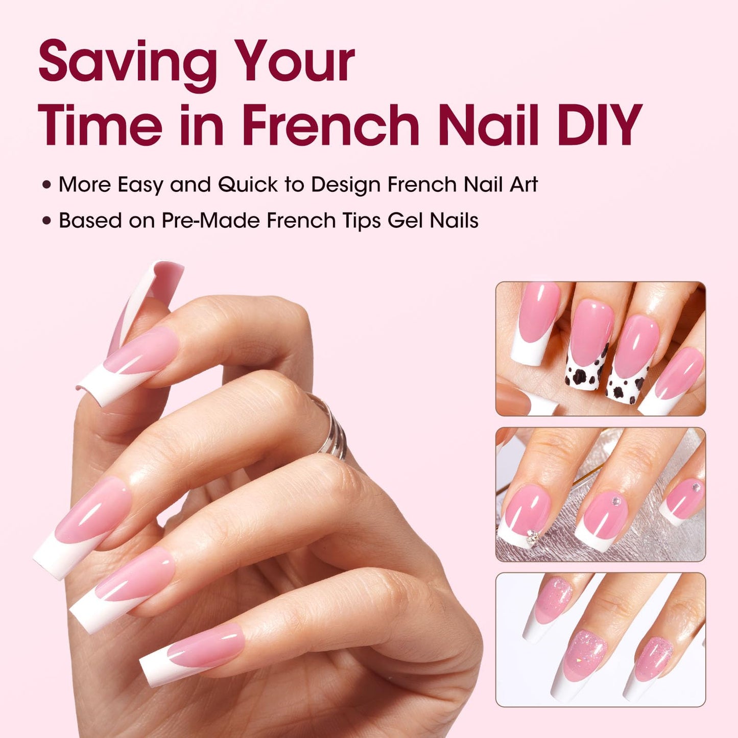 Gellen Square French Tip Press on Nails - 3 in 1 Soft Gel Nail Tips, 330 pcs 15 Sizes Pink Long Square French Nails Press on Long-lasting, No Need to File Press on Nails