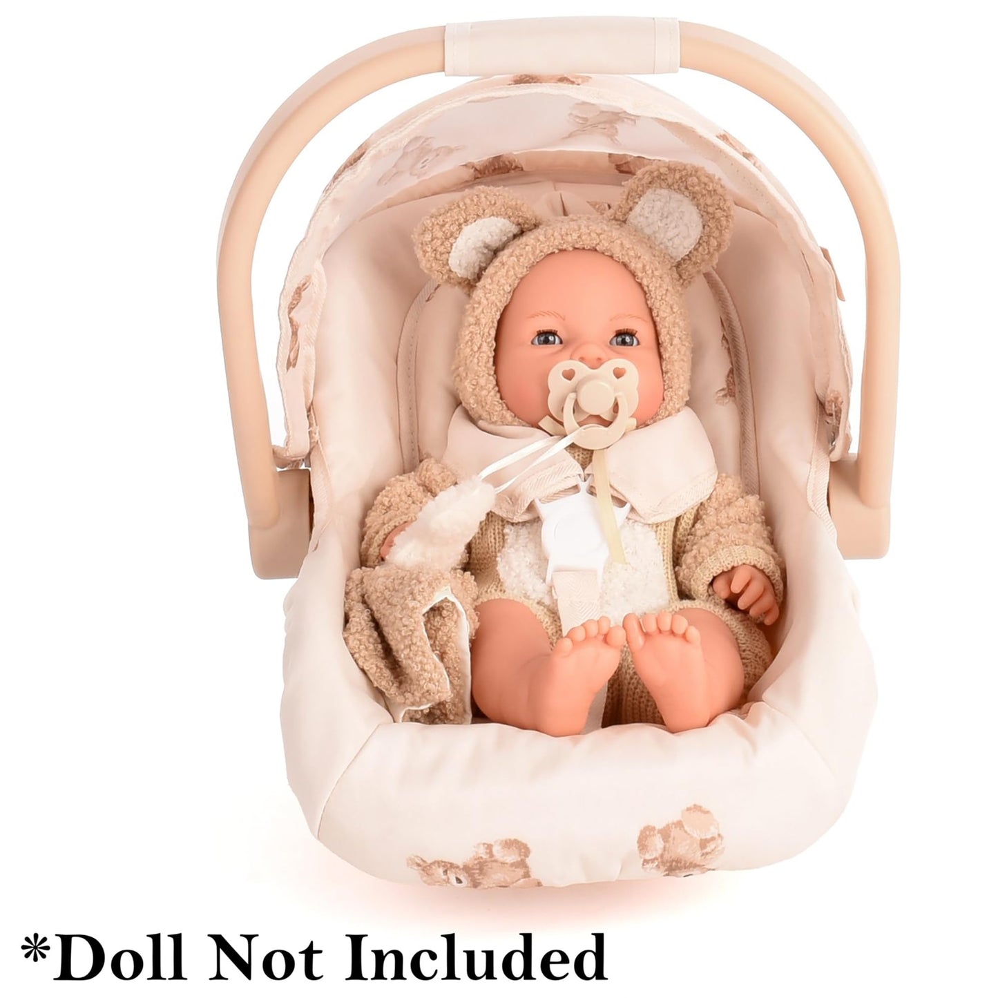 Roma Prams: Teddy Doll Car Seat - Beige-Cream-Bear, Carrier Travel Accessory, Adjustable Canopy & Handle, Roleplay Toy for Dolls Up to 16.5", Kids 3+