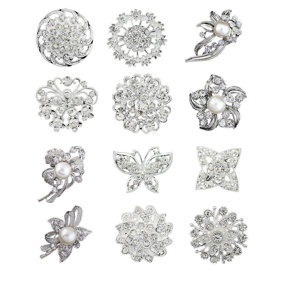 12pcs lot silver plated crystal rhinestone wedding brooches pins
