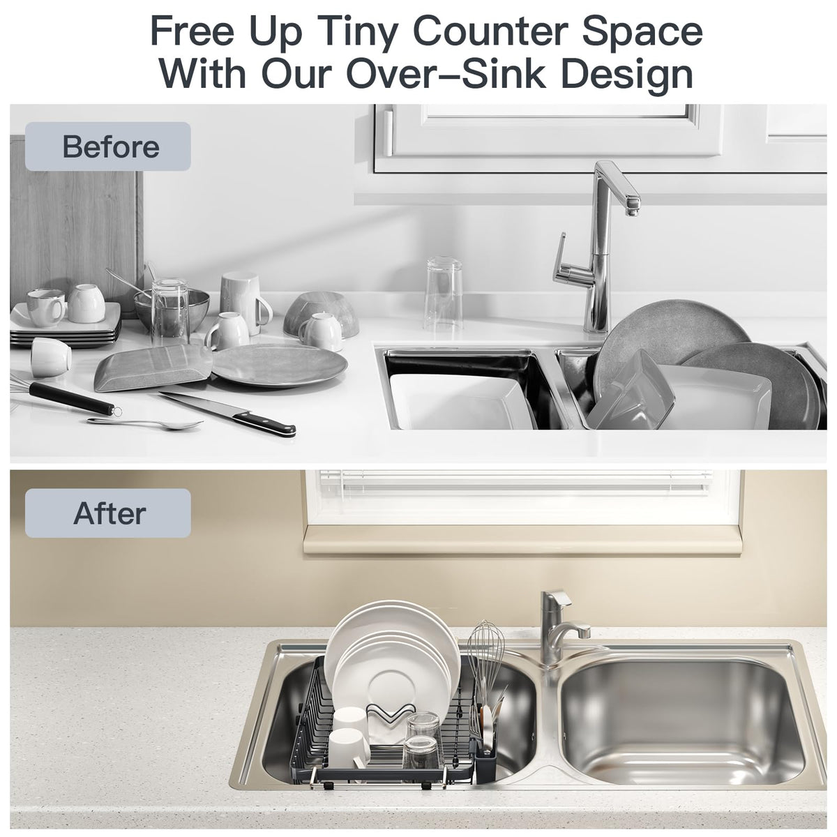 Grey Dish Drying Rack Over The Sink with Utensil Holder