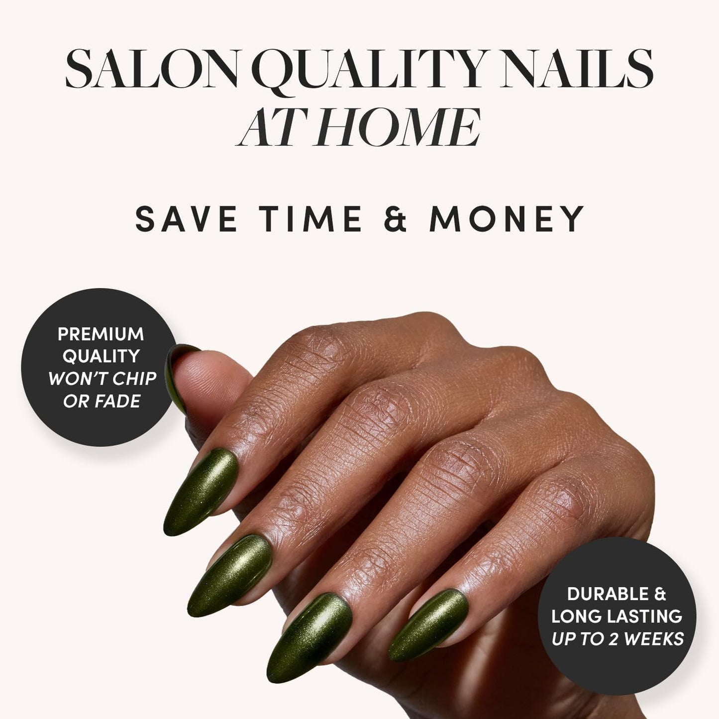 Glamnetic Press-On Nails Bundle - Cutie Pine, Fall Mauve & Caviar | Medium Almond Fake Nails in Deep Evergreen with a Pearl Chrome Finish | Muted Blush Mauve Short Oval False Nails | Short Almond Blac